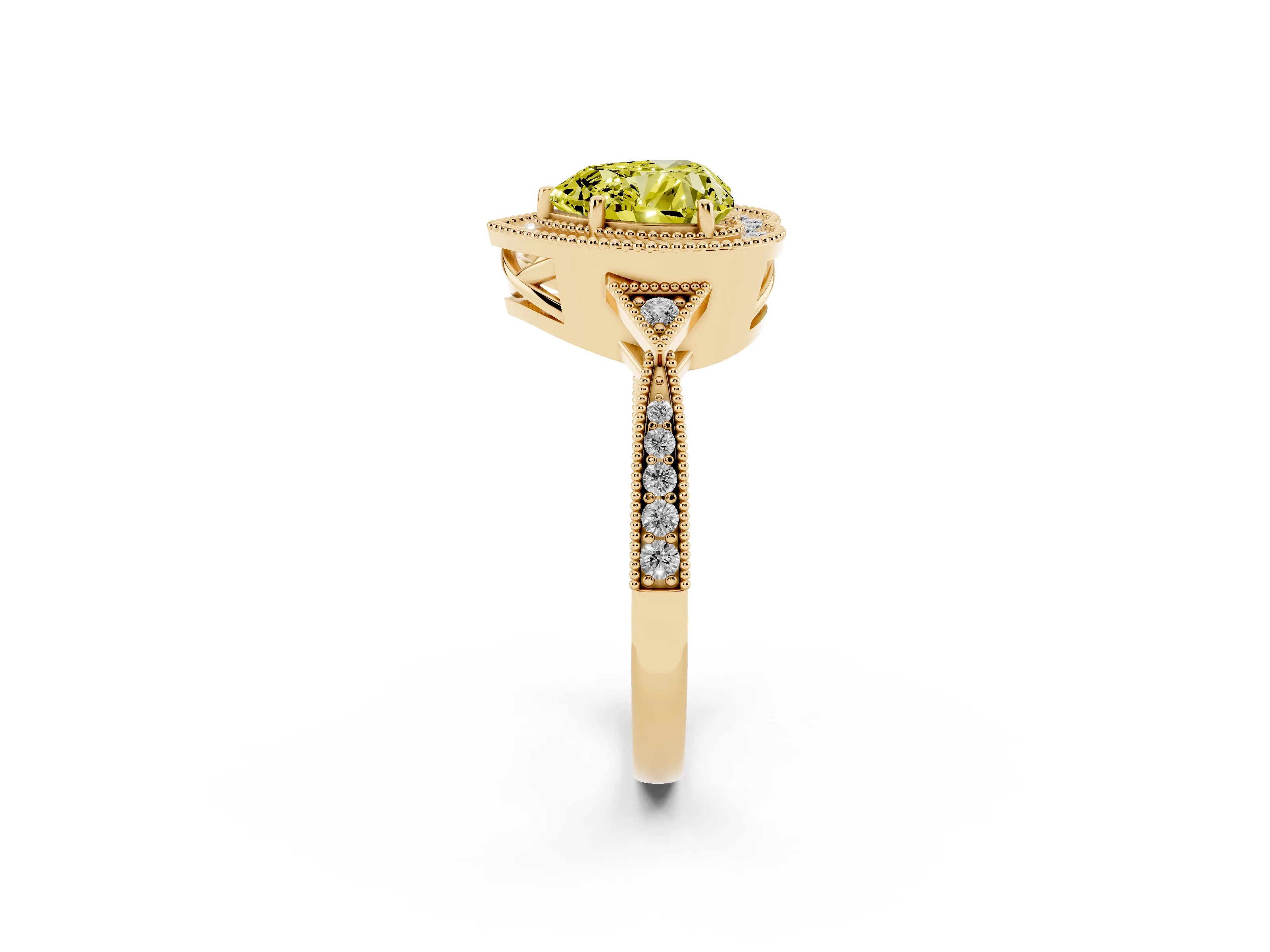 Fancy Yellow Heart Cut Diamond Halo Engagement Ring Set in Yellow gold with Milgrain Pavé Band