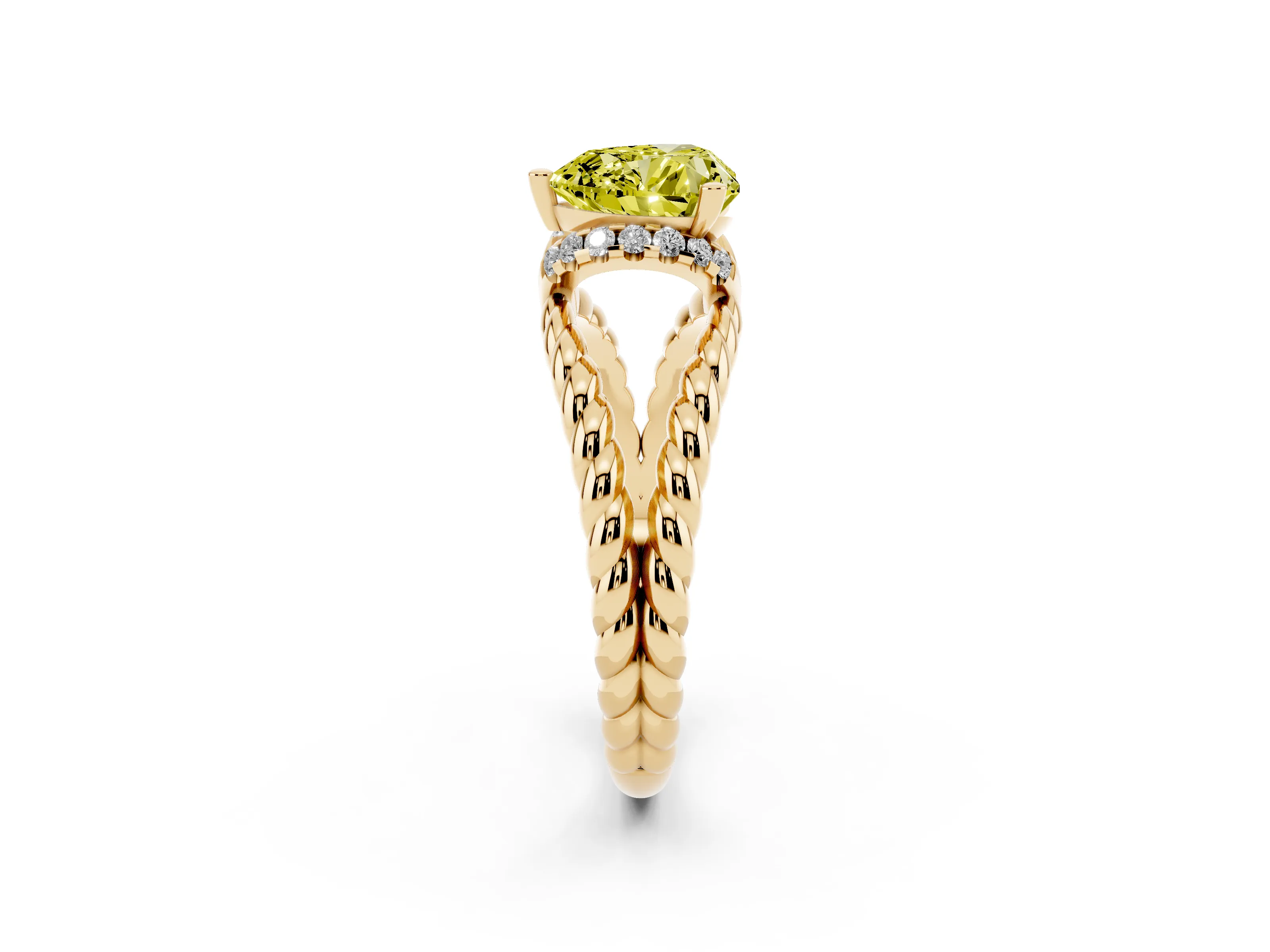 Fancy Yellow Heart Cut Diamond Halo Ring Set in Yellow gold with Twisted Band and Prong Setting