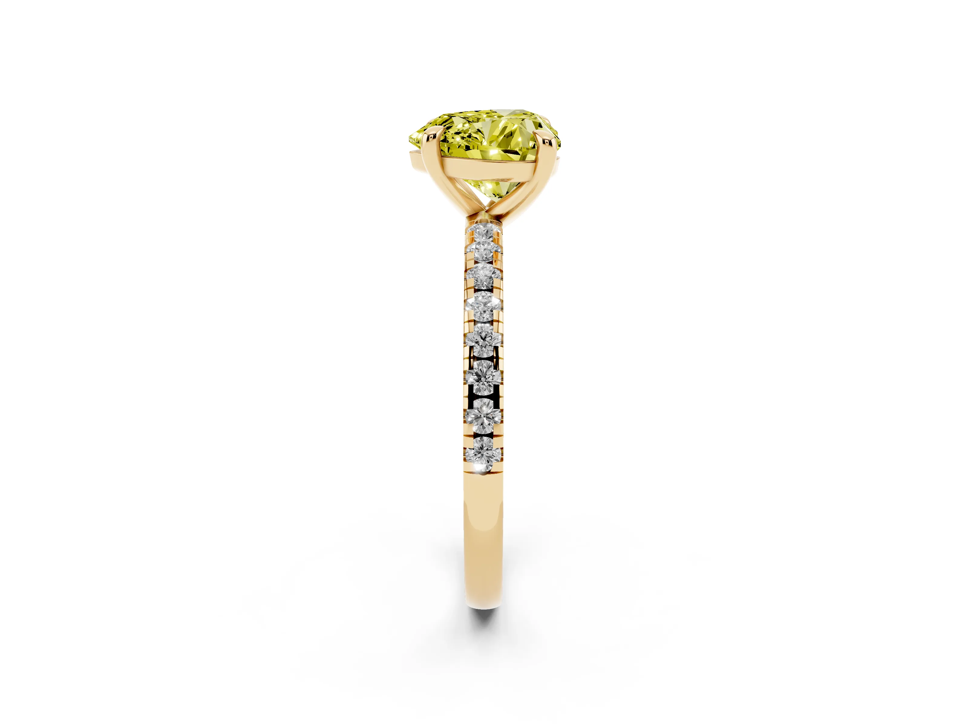 Fancy Yellow Heart Cut Diamond Brilliant Solitaire Ring Set in Yellow gold with Pavé Band and Prong Setting
