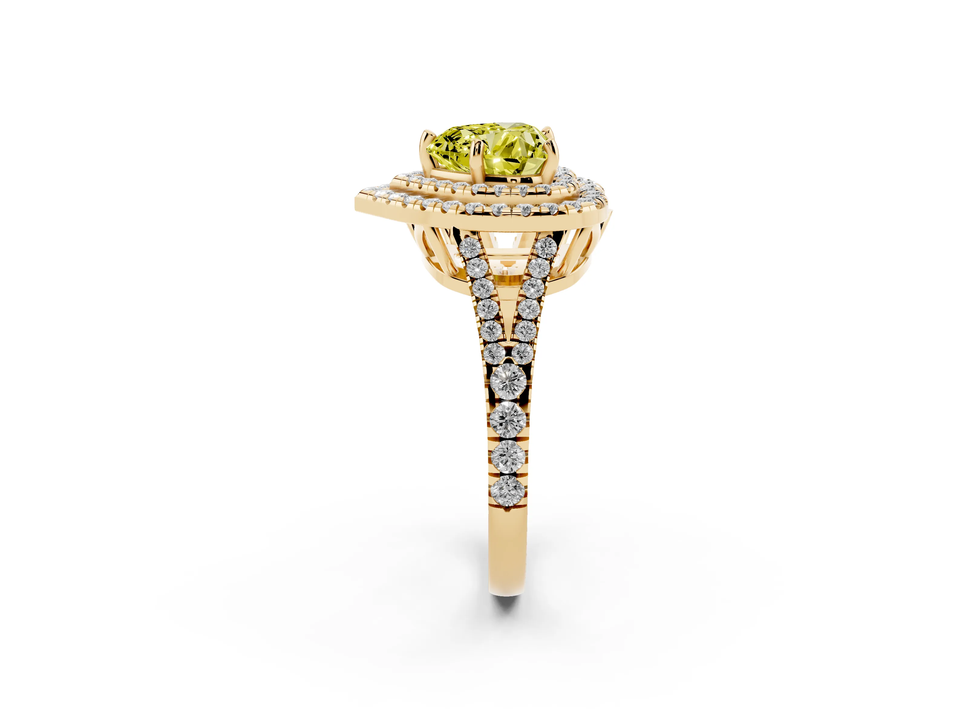 Fancy Yellow Heart Cut Diamond Double Halo Ring Set in Yellow gold with Pavé Band