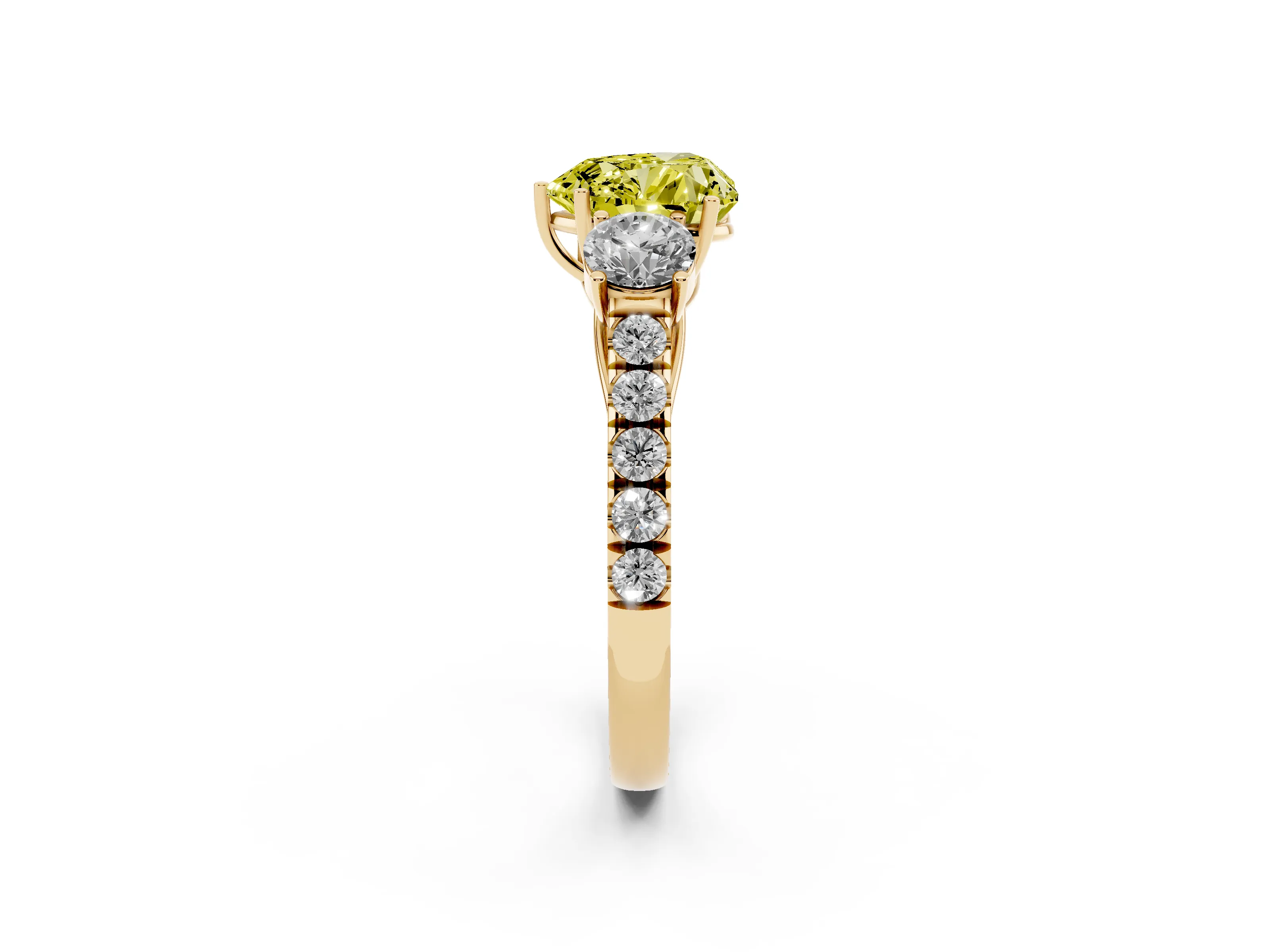 Fancy Yellow Heart Cut Diamond Three-Stone Ring Set in Yellow gold with Round Side Stones and Delicate Pavé Band