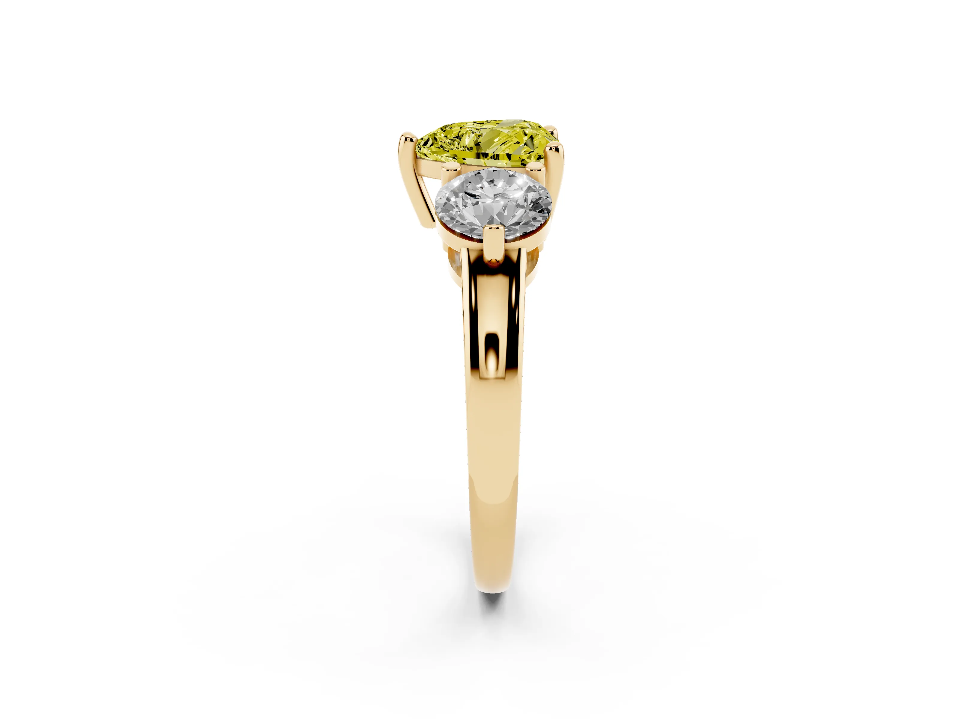 Fancy Yellow Heart Cut Diamond Three-Stone Ring Set in Yellow gold with Prong Setting and Classic Band