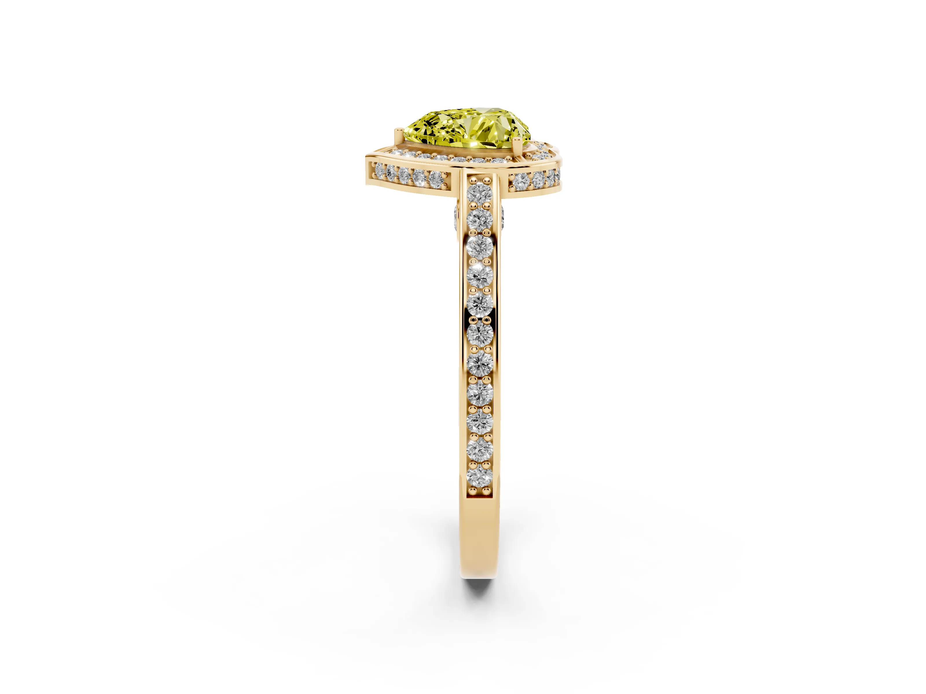 Fancy Yellow Heart Cut Diamond Halo Pavé Split Shank Ring Set in Yellow gold with Prong Setting