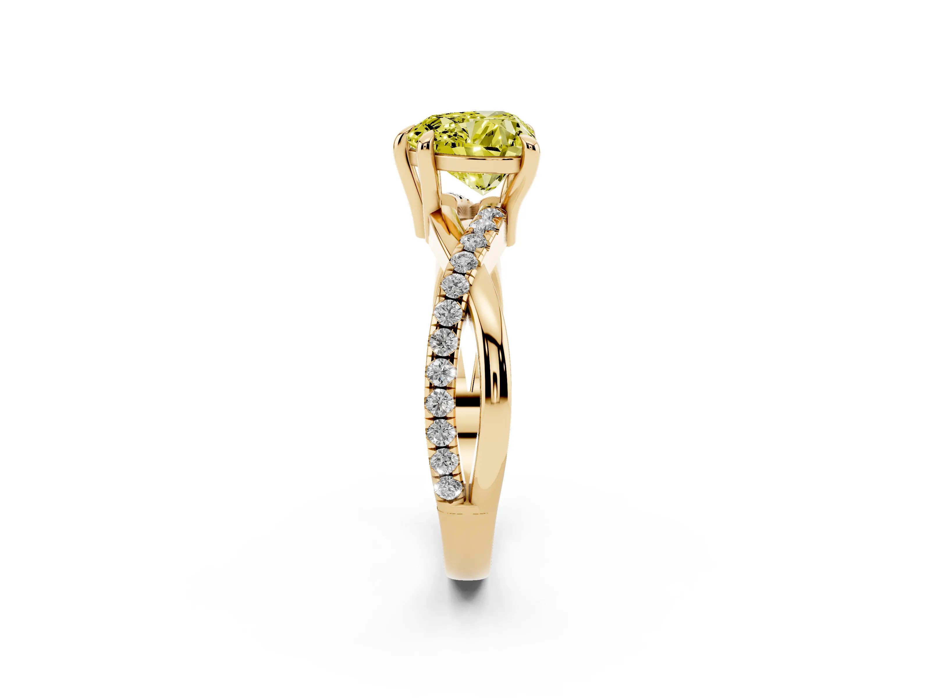 Fancy Yellow Heart Cut Diamond Twist Band Solitaire Set in Yellow gold with Pavé Accents and Prong Setting