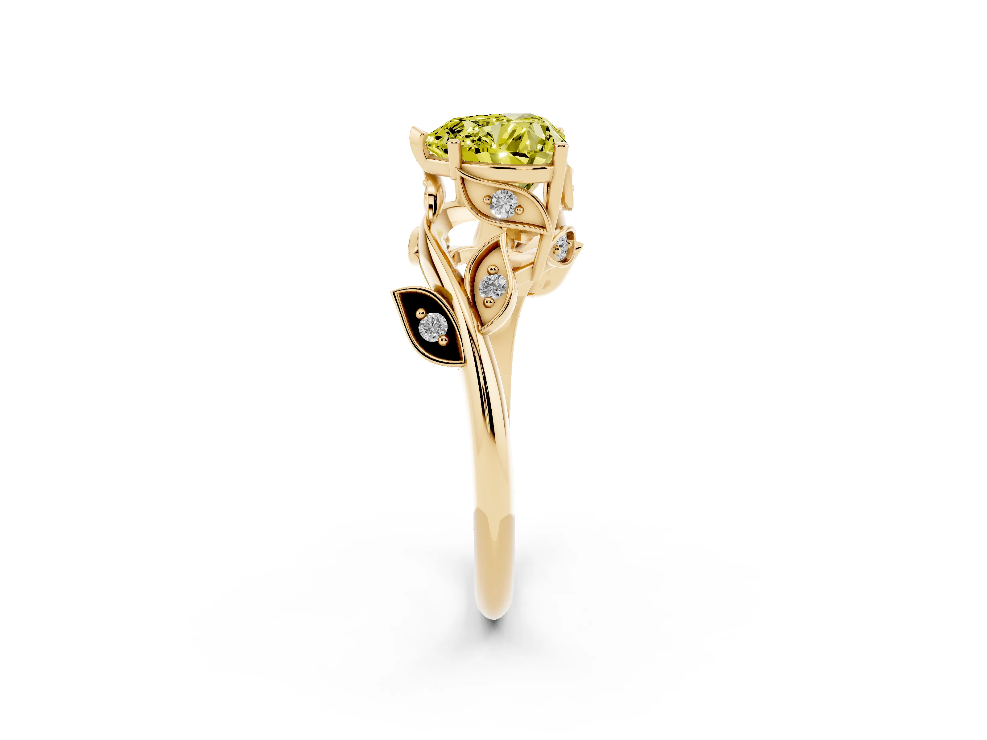 Fancy Yellow Heart Cut Diamond Solitaire Twist Engagement Ring Set in Yellow gold with Pavé Leaf Accents