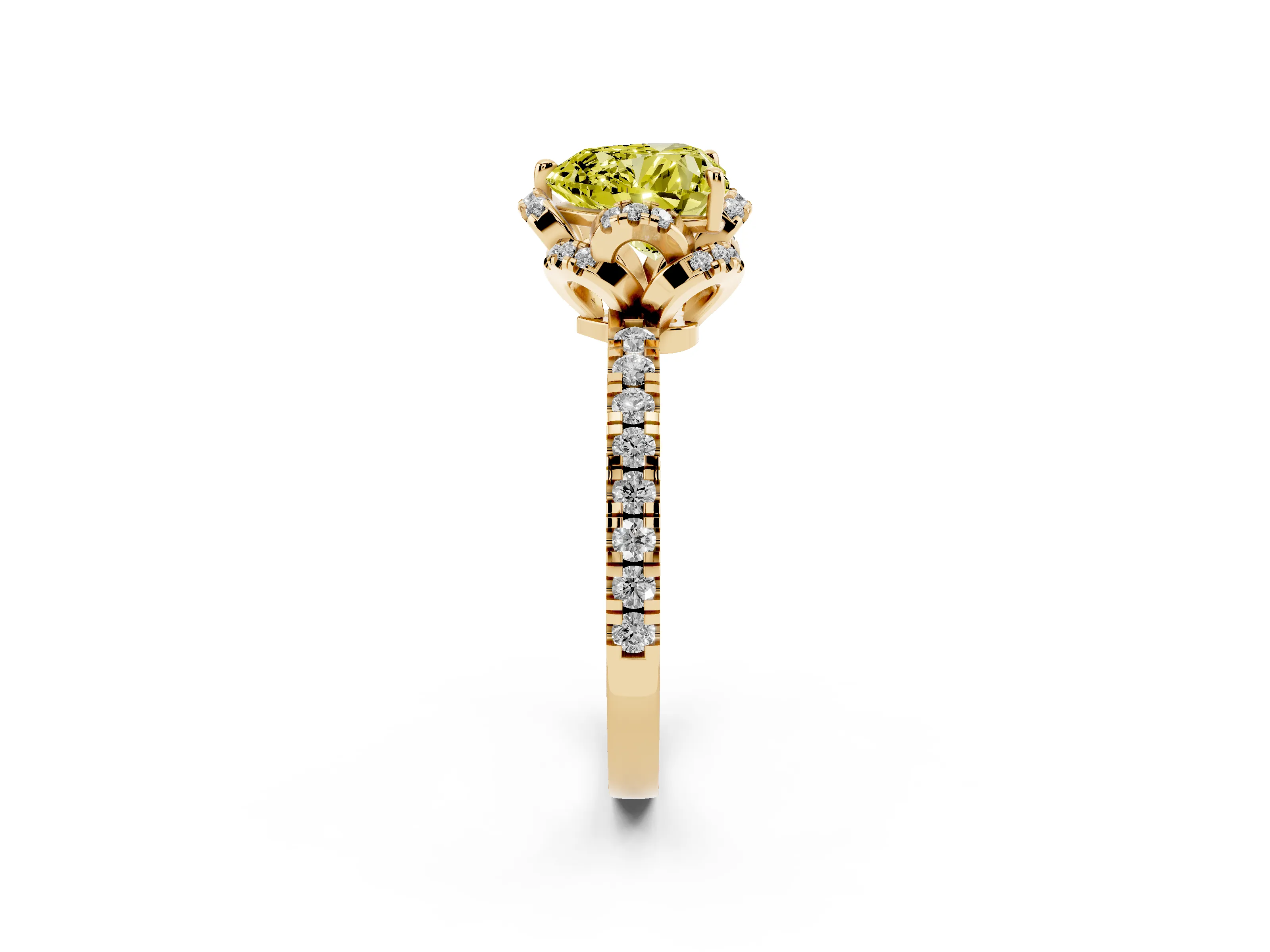 Fancy Yellow Heart Cut Diamond Halo Pavé Band Ring Set in Yellow gold with Prong-Held Center