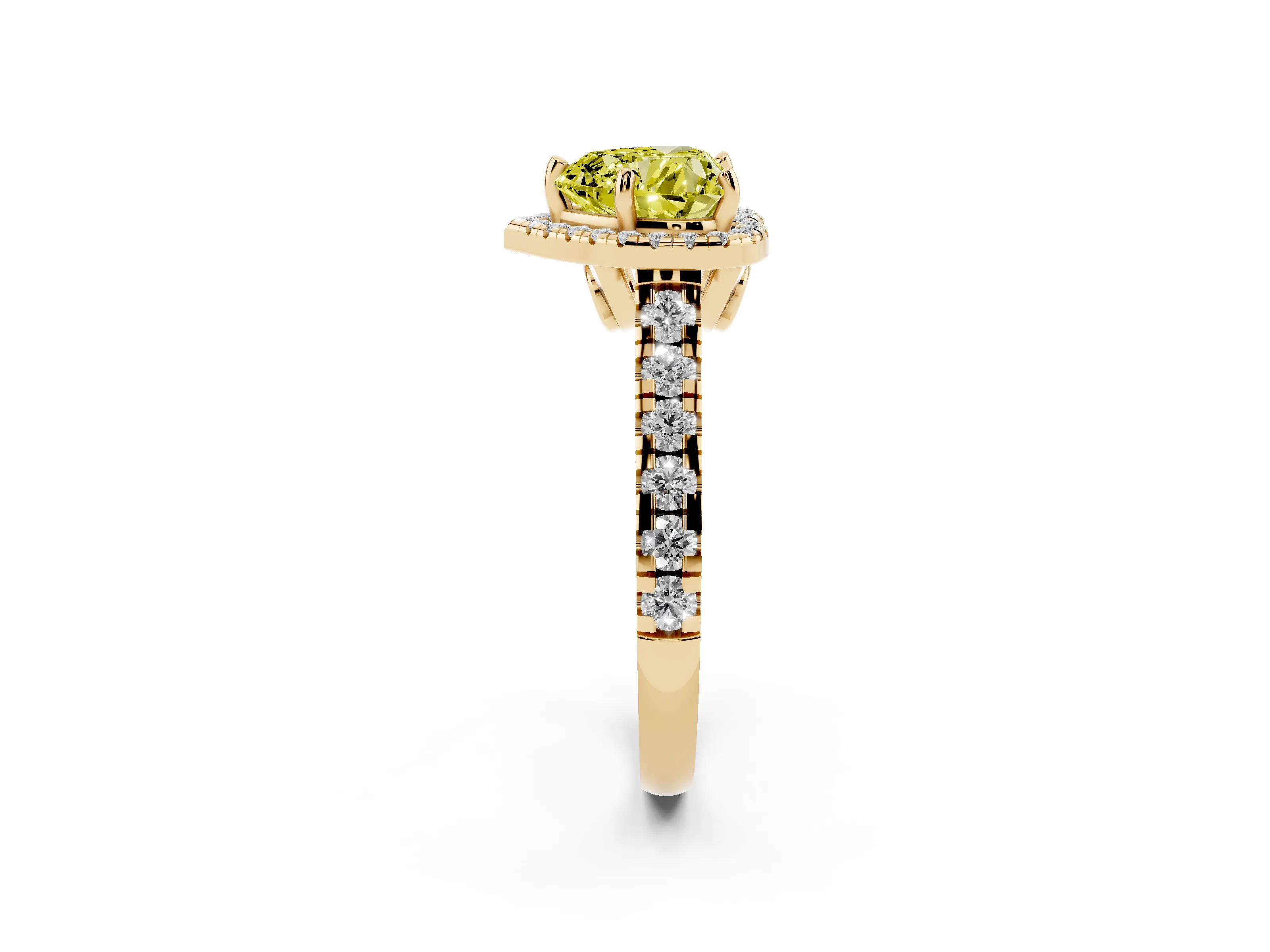 Fancy Yellow Heart Cut Diamond Halo Engagement Ring Set in Yellow gold with Pavé Band and Prong-Set Center