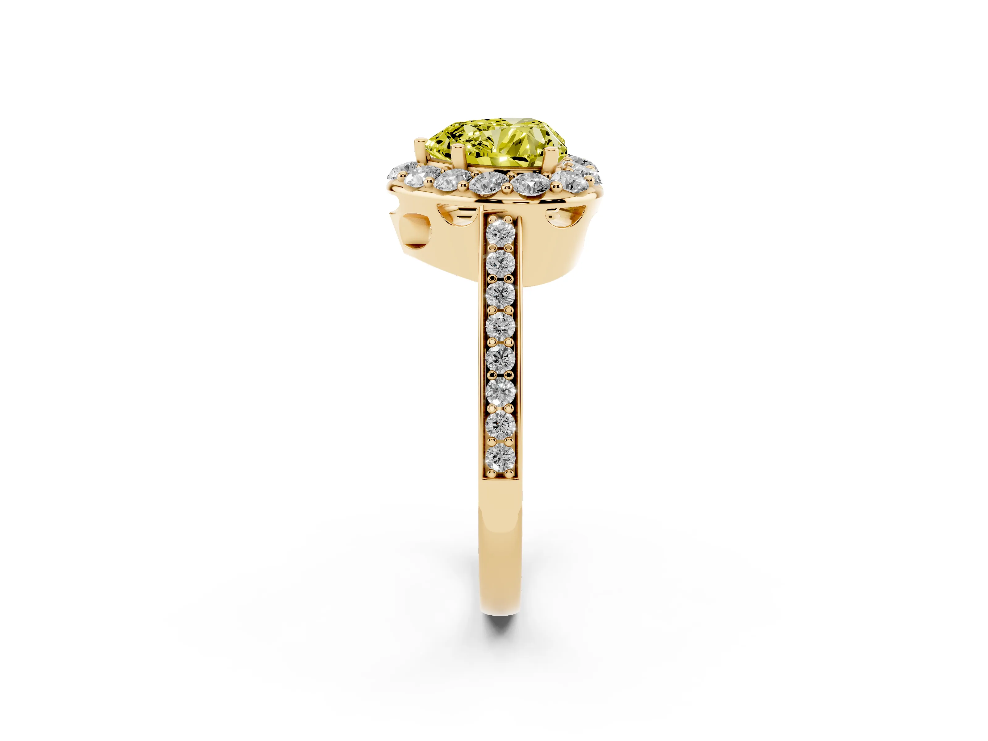 Fancy Yellow Heart Cut Diamond Floral Halo Ring Set in Yellow gold with Pavé Band and Prong Setting