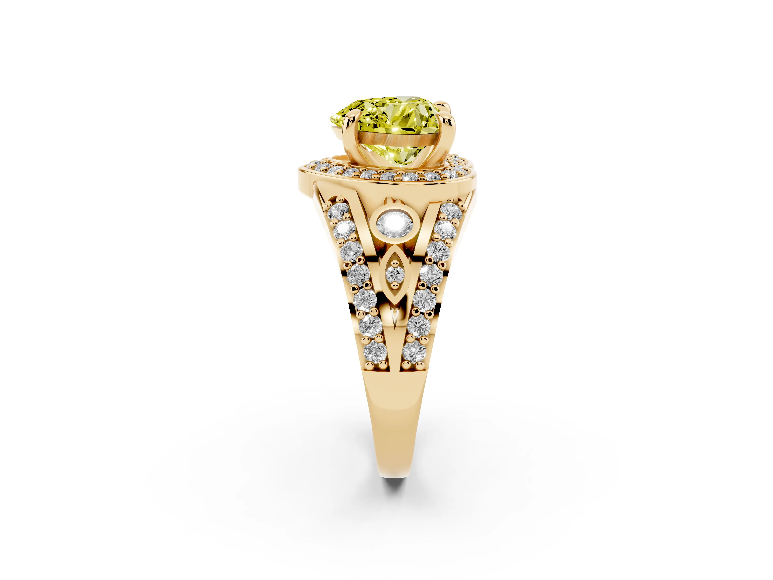Fancy Yellow Heart Cut Diamond Halo Ring Set in Yellow gold with Pavé Split Shank and Bezel Accents