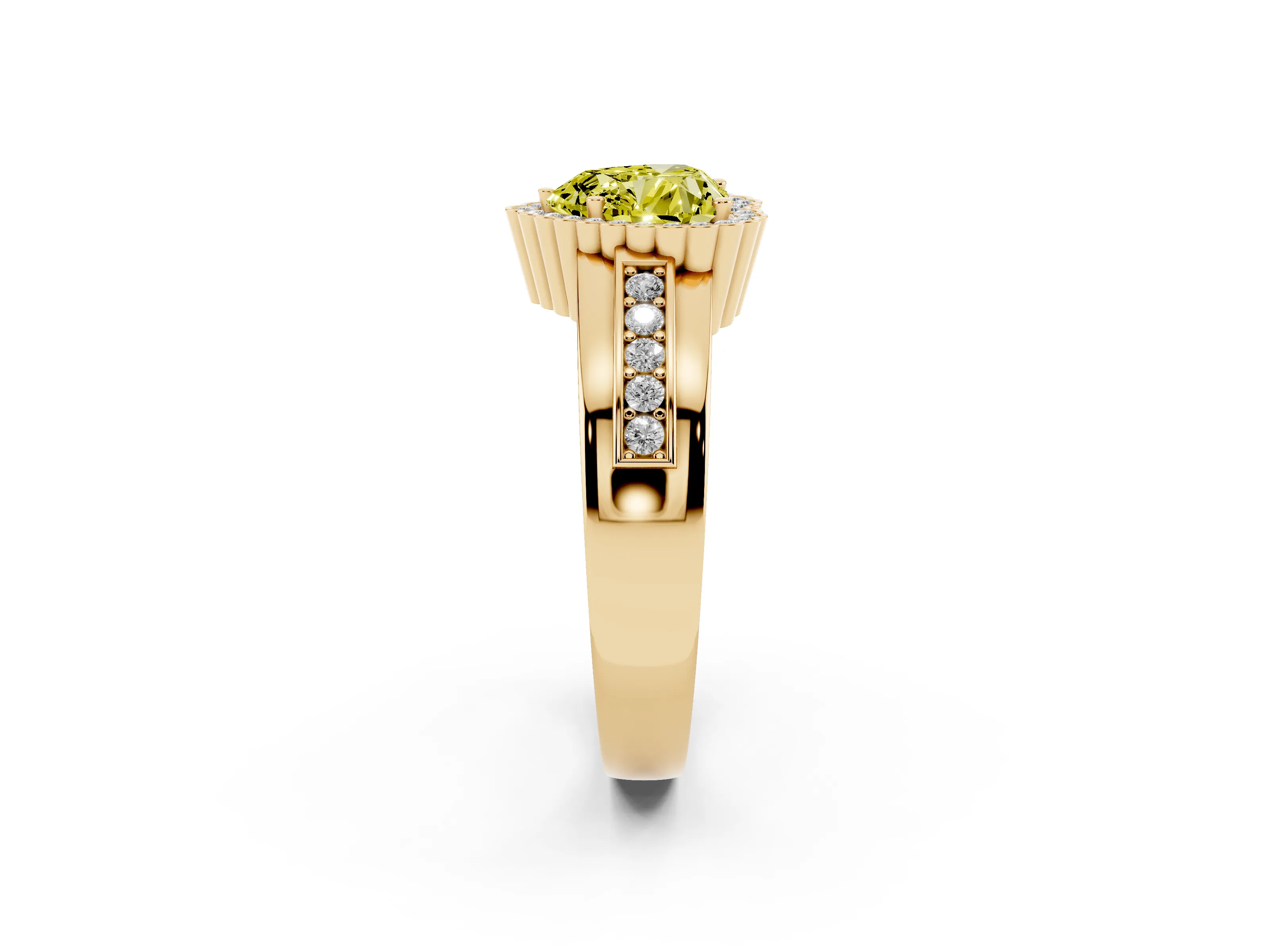 Fancy Yellow Heart Cut Diamond Halo Prong Ring Set in Yellow gold with Pavé Band