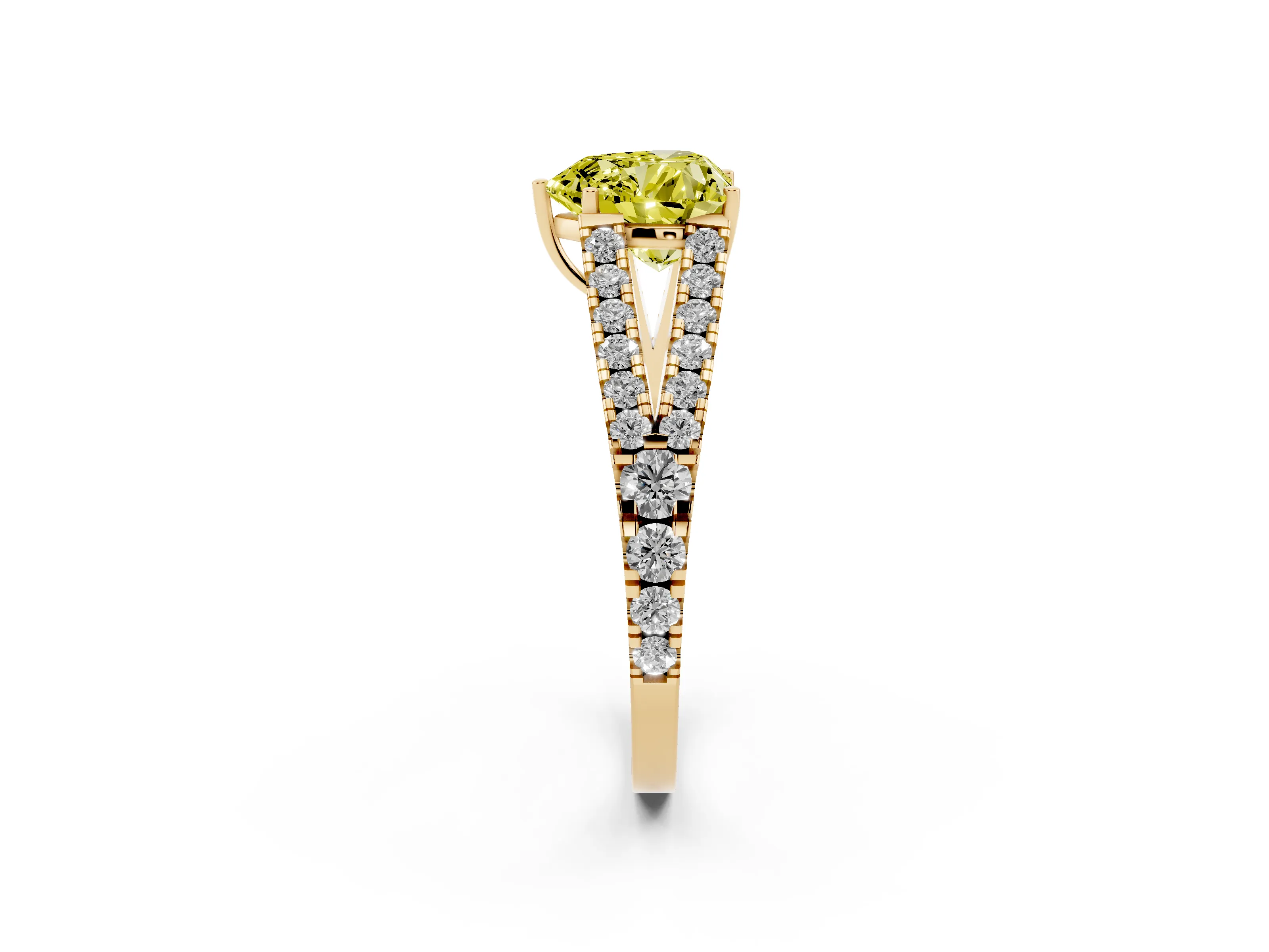 Fancy Yellow Heart Cut Diamond Split Shank Pavé Engagement Ring Set in Yellow gold with Prong-Held Center Stone