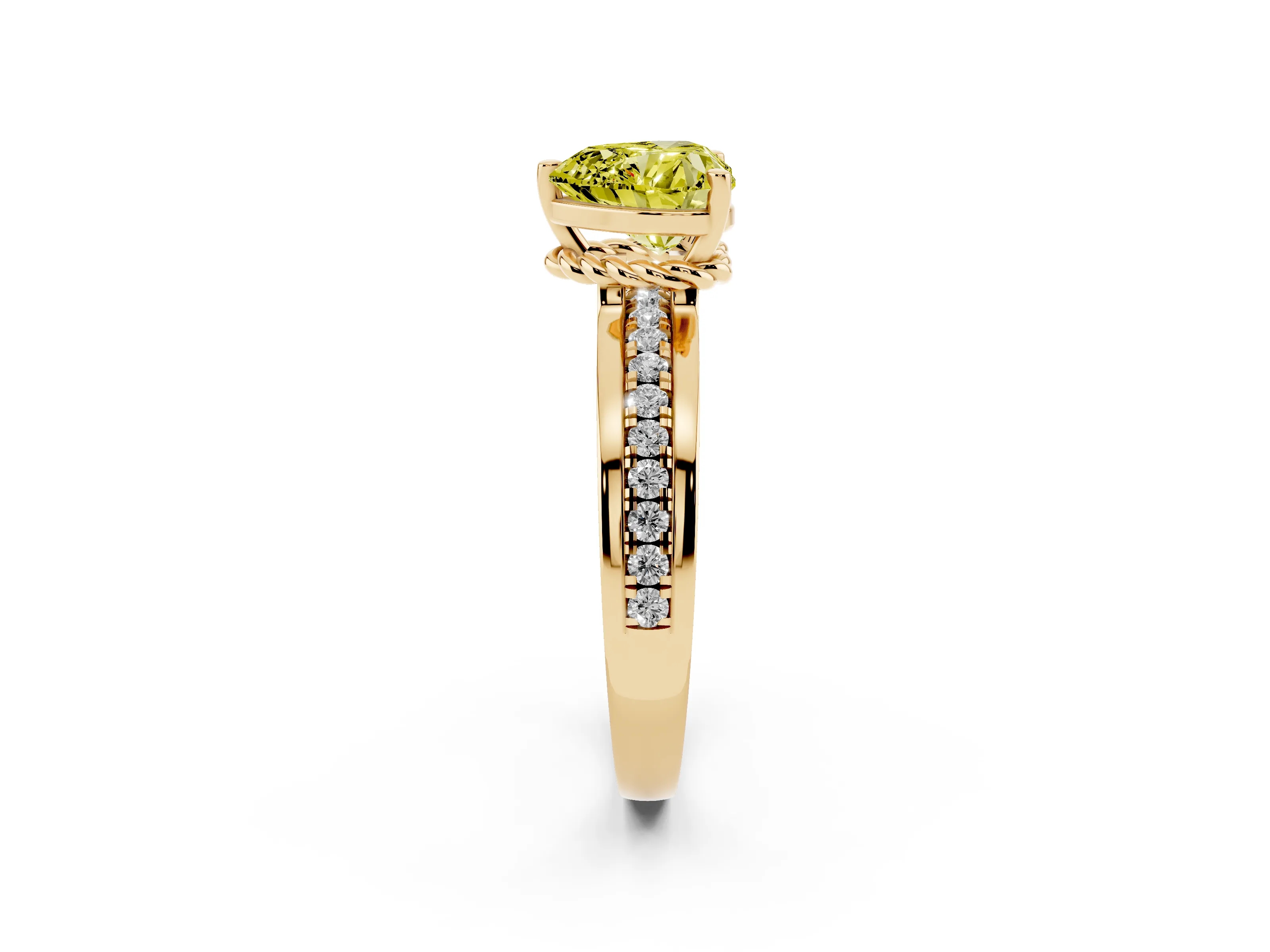Fancy Yellow Heart Cut Diamond Solitaire Ring Set in Yellow gold with Channel Set Band and Prong Setting