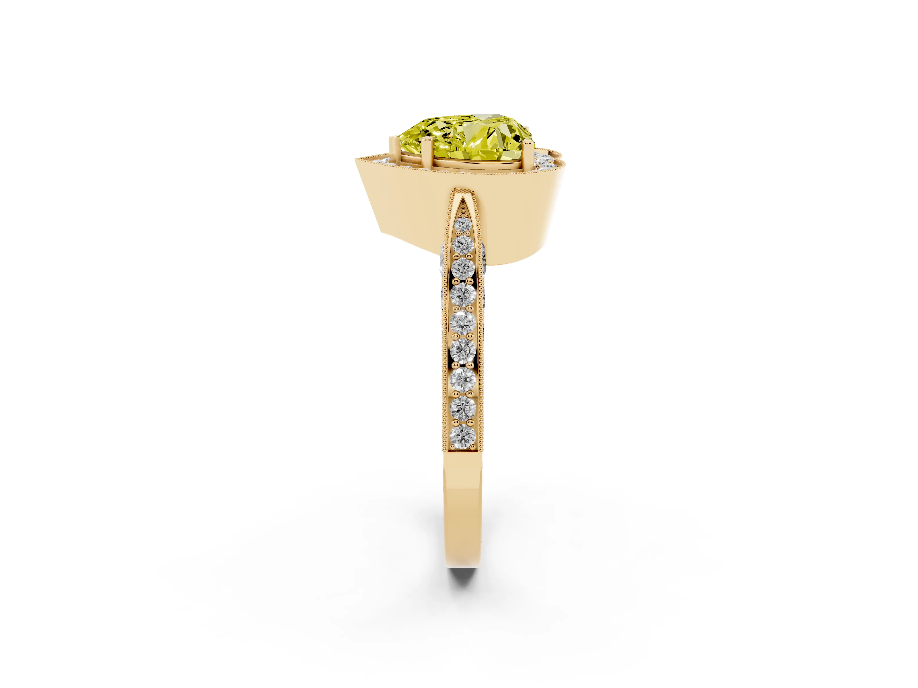 Fancy Yellow Heart Cut Diamond Halo Engagement Ring Set in Yellow gold with Accent Split Shank Band