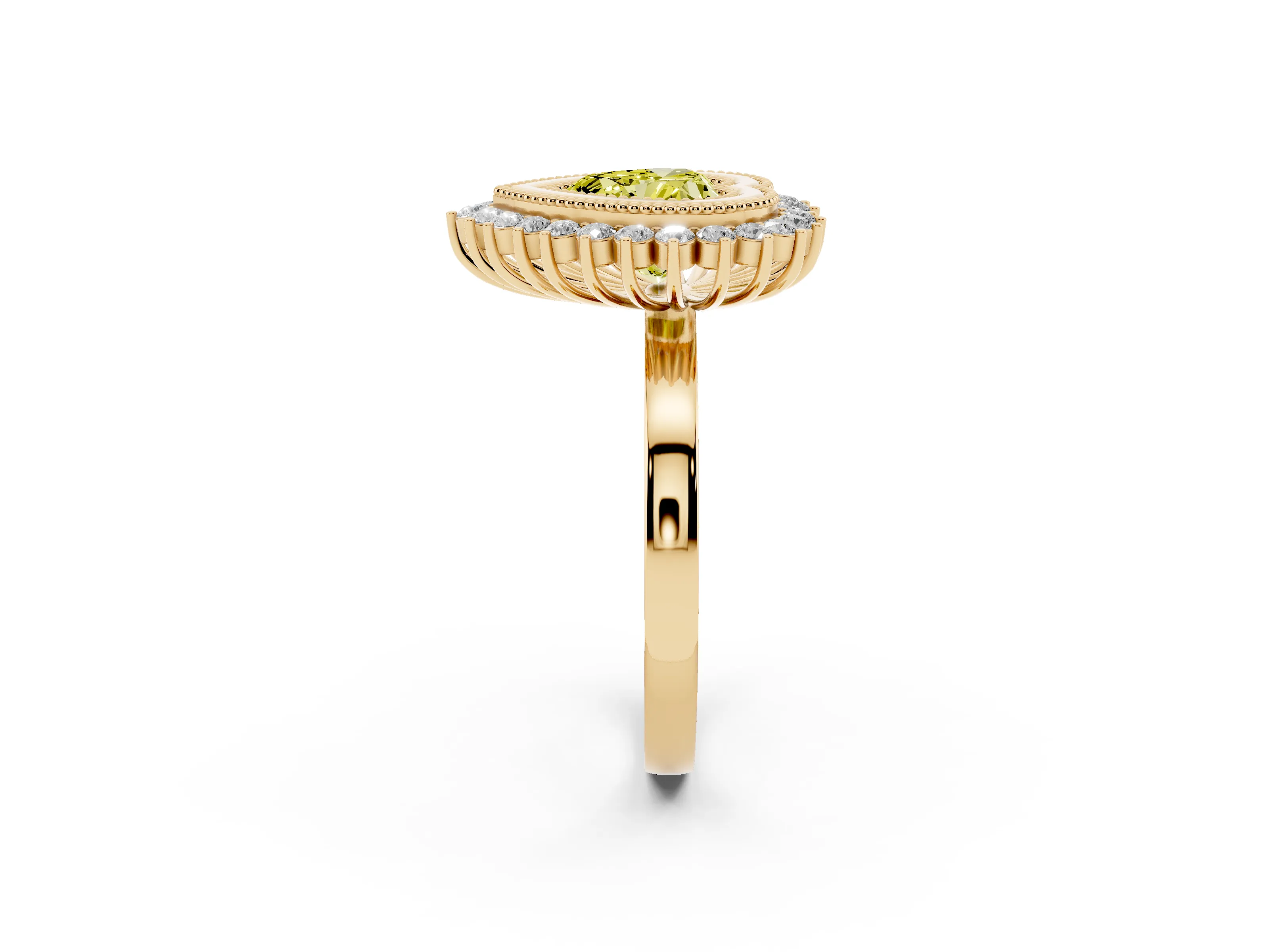 Fancy Yellow Heart Cut Diamond Halo Ring Set in Yellow gold with Milgrain Edge and Round Prong Setting