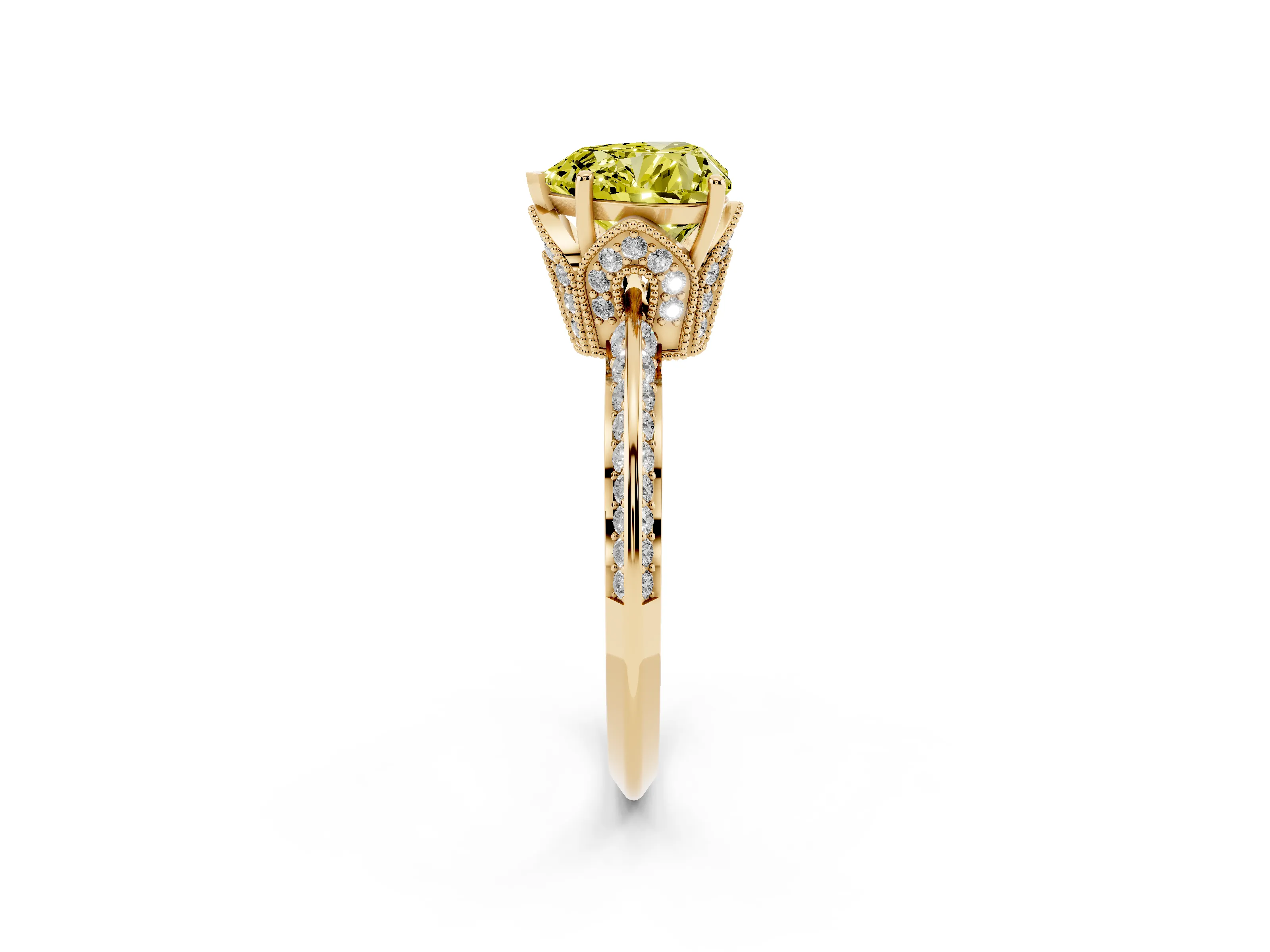Fancy Yellow Heart Cut Diamond Solitaire Engagement Ring Set in Yellow gold with Pavé Split Shank and Prong Setting