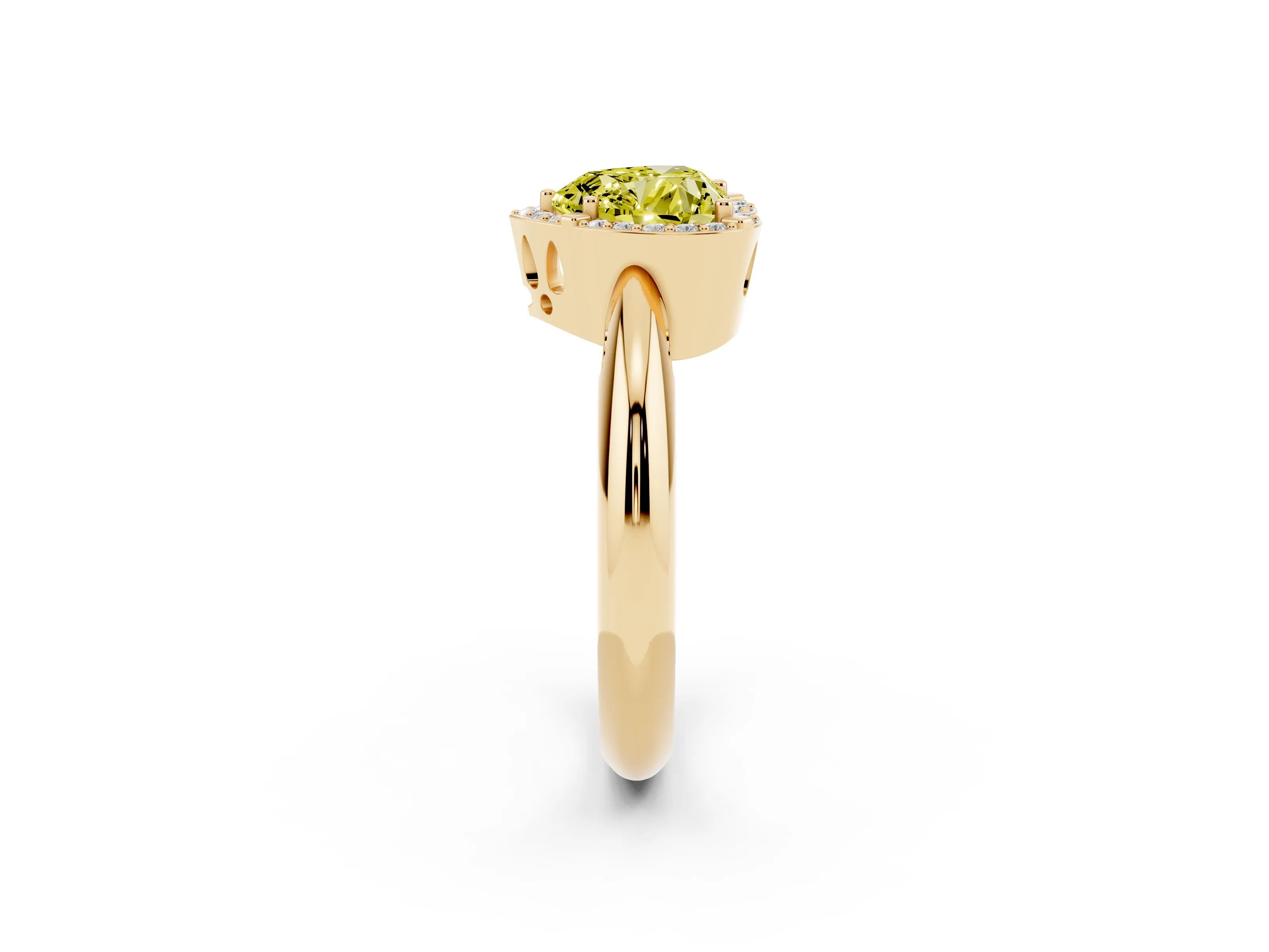 Fancy Yellow Heart Cut Diamond Halo Engagement Ring Set in Yellow gold with Plain Split Shank and Prong Setting