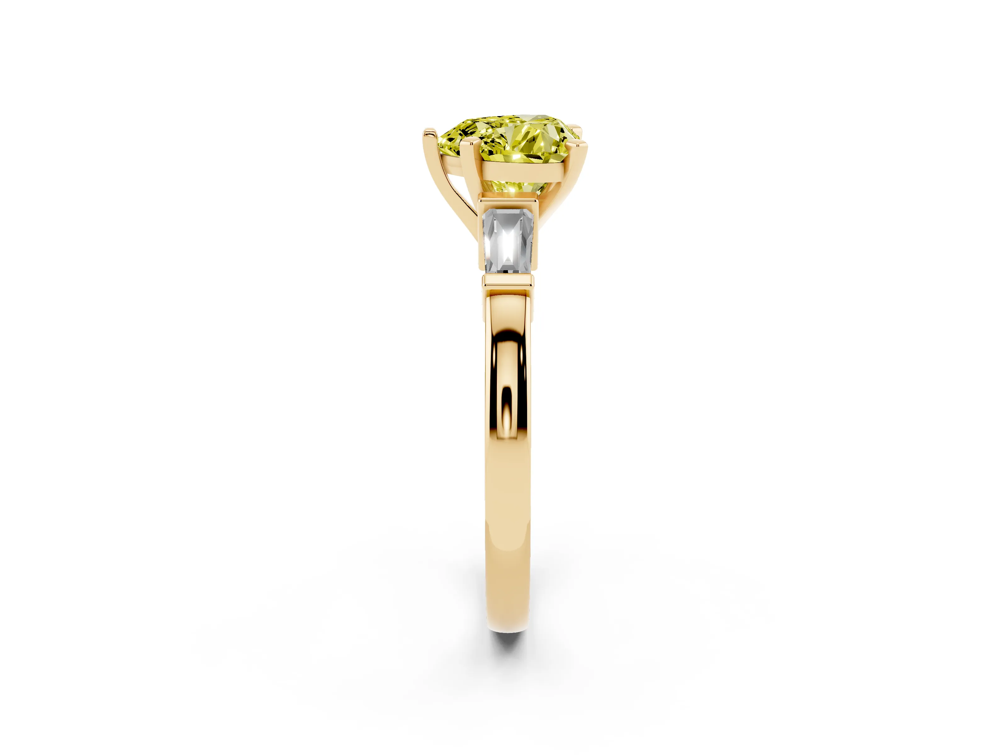 Fancy Yellow Heart Cut Diamond Solitaire Ring Set in Yellow gold with Tapered Baguette Accents and Prong Setting