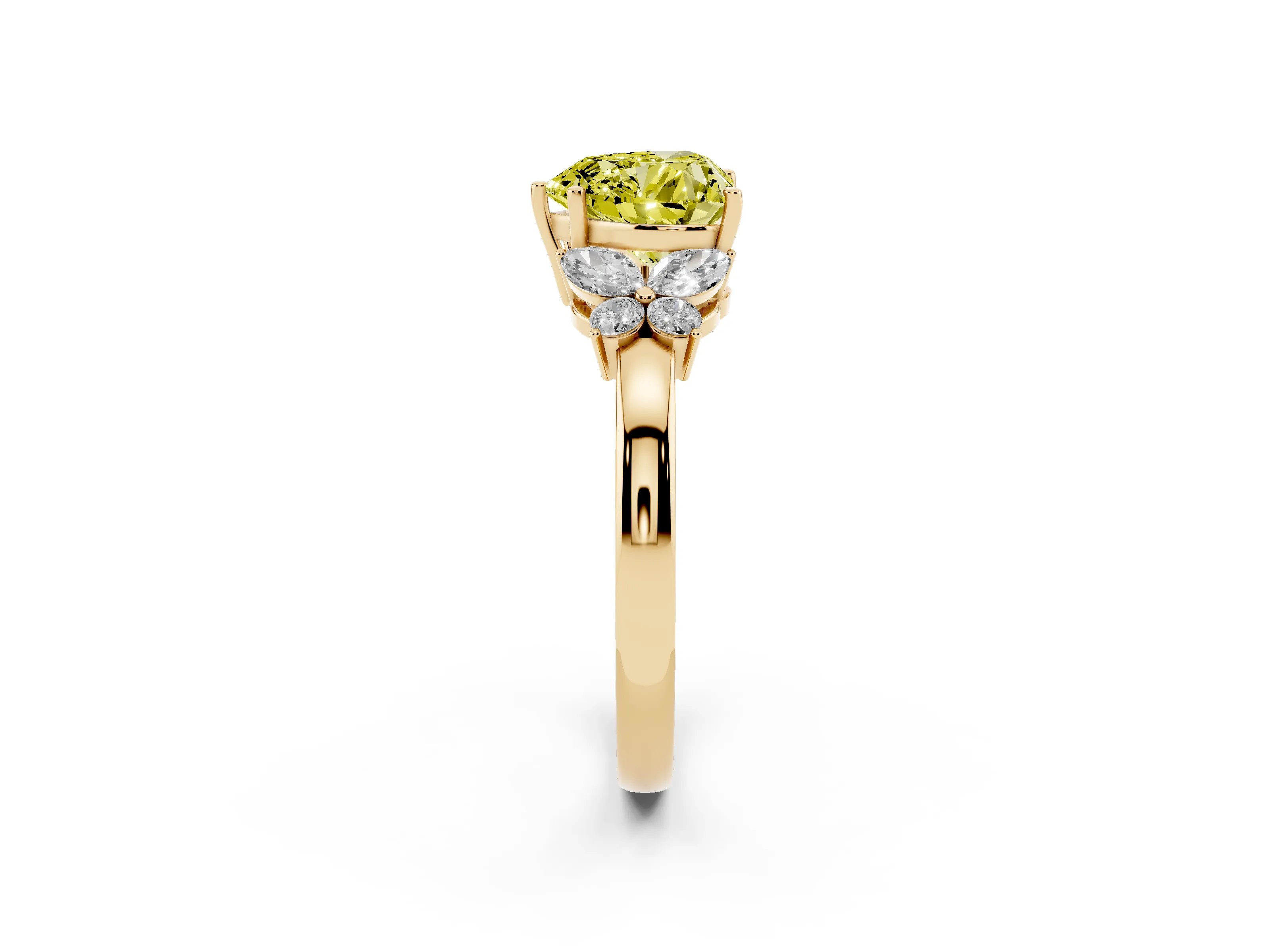 Fancy Yellow Heart Cut Diamond Solitaire Floral Ring Set in Yellow gold with Marquise Petals and Prong Setting