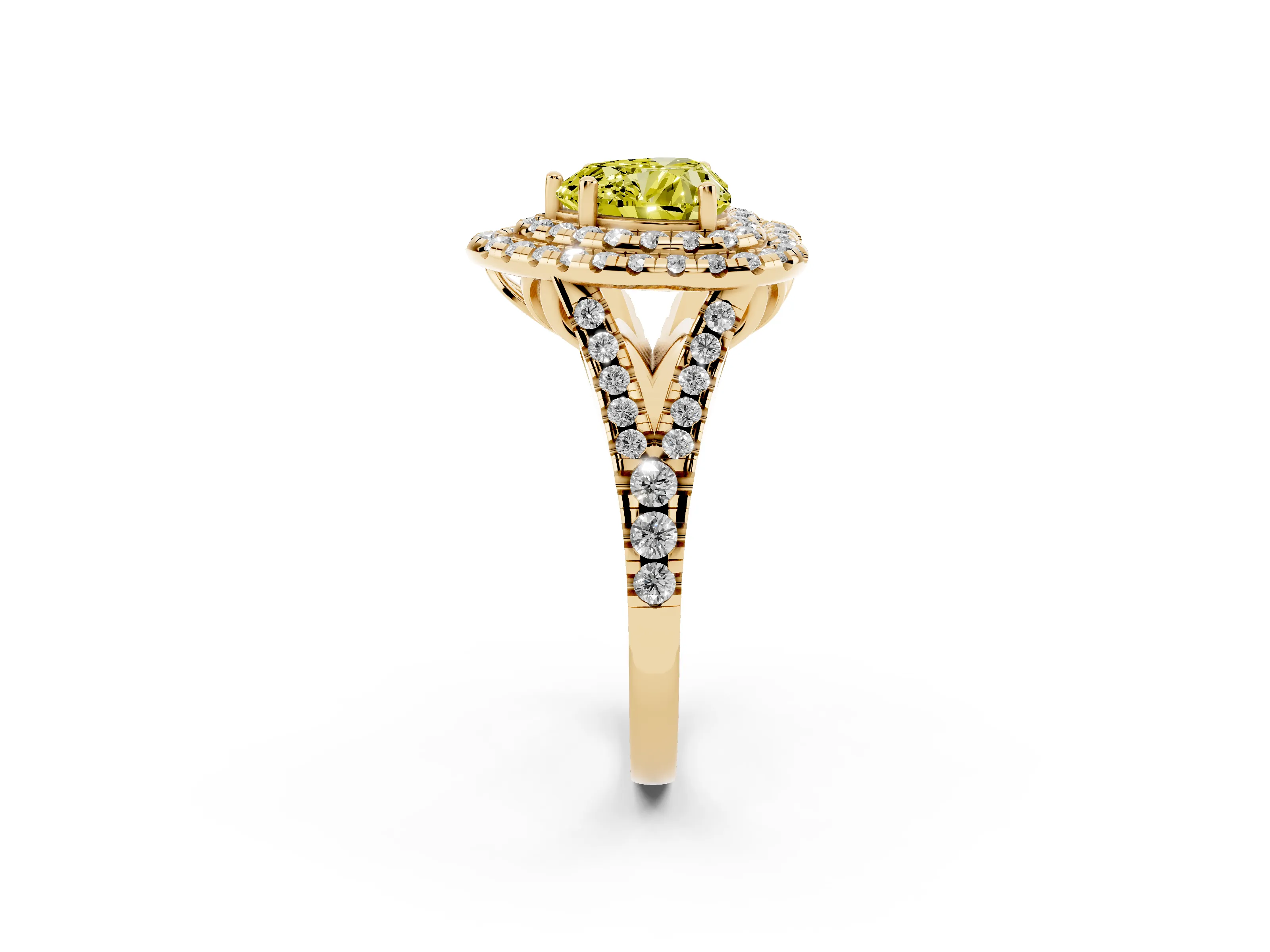 Fancy Yellow Heart Cut Diamond Double Halo Ring Set in Yellow gold with Pavé Split Shank and Prong Setting