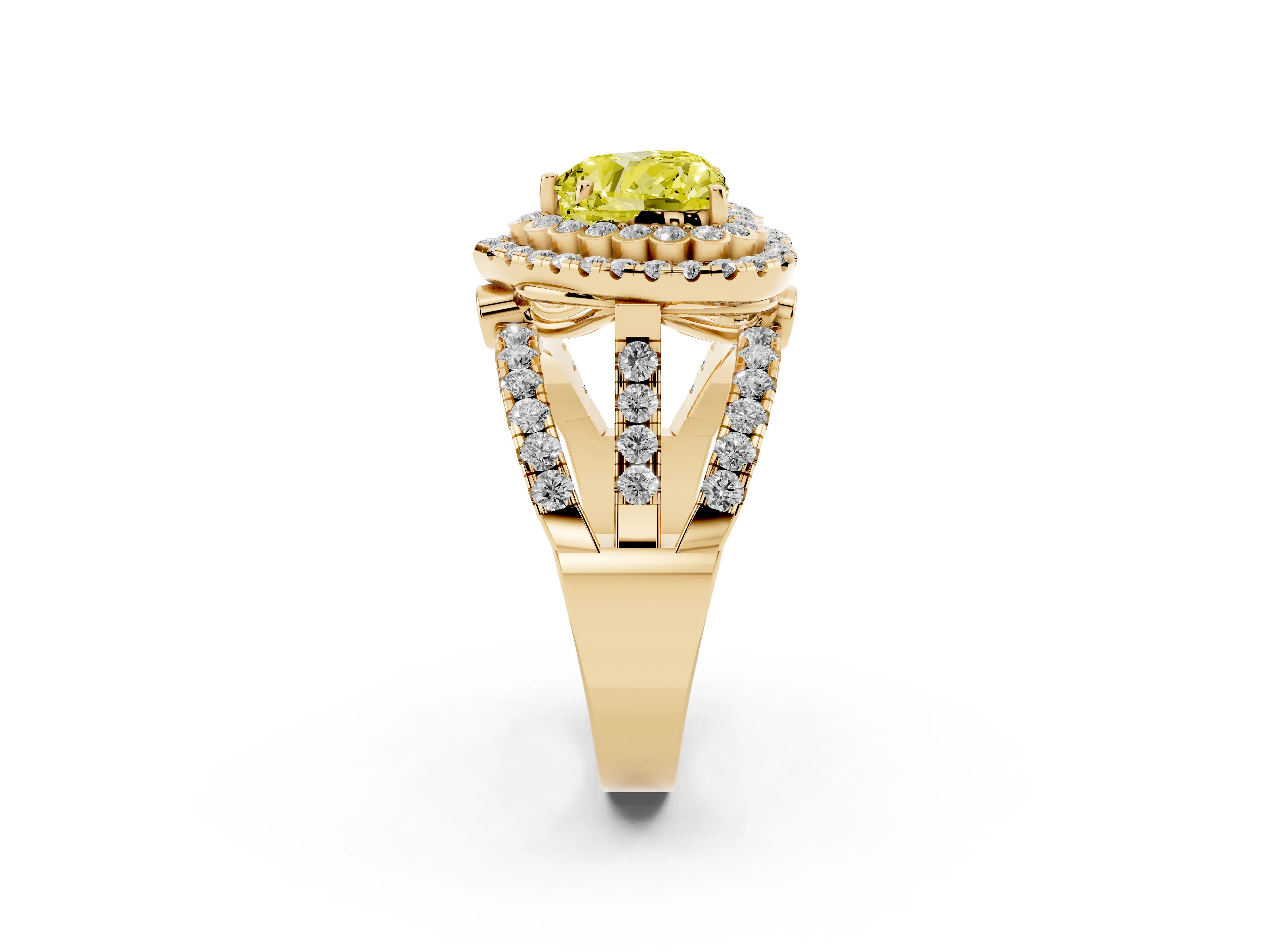 Fancy Yellow Heart Cut Diamond Double Halo Ring Set in Yellow gold with Round Pavé Split Shank
