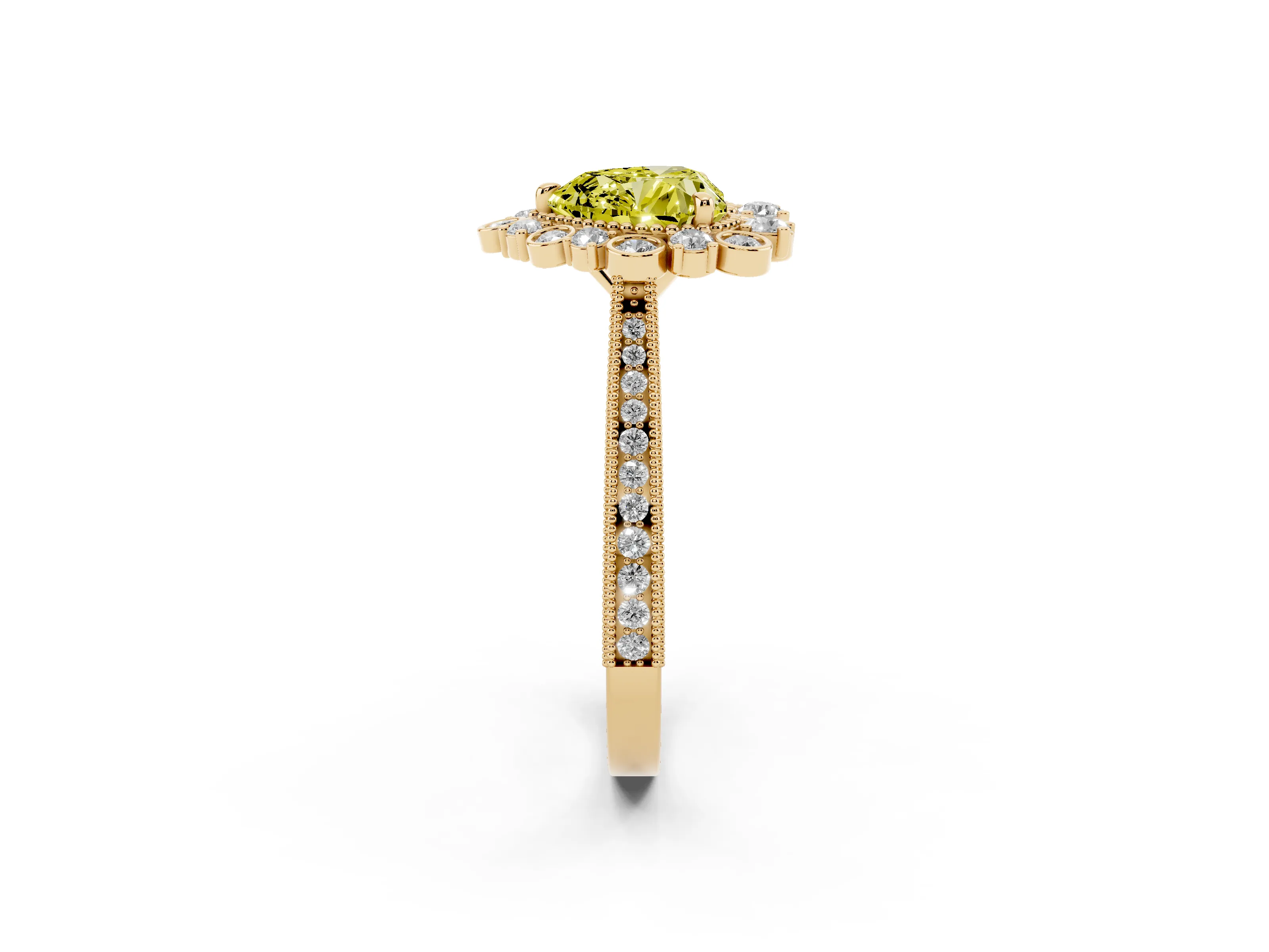 Fancy Yellow Heart Cut Diamond Halo Milgrain Pavé Ring Set in Yellow gold with Prong Setting