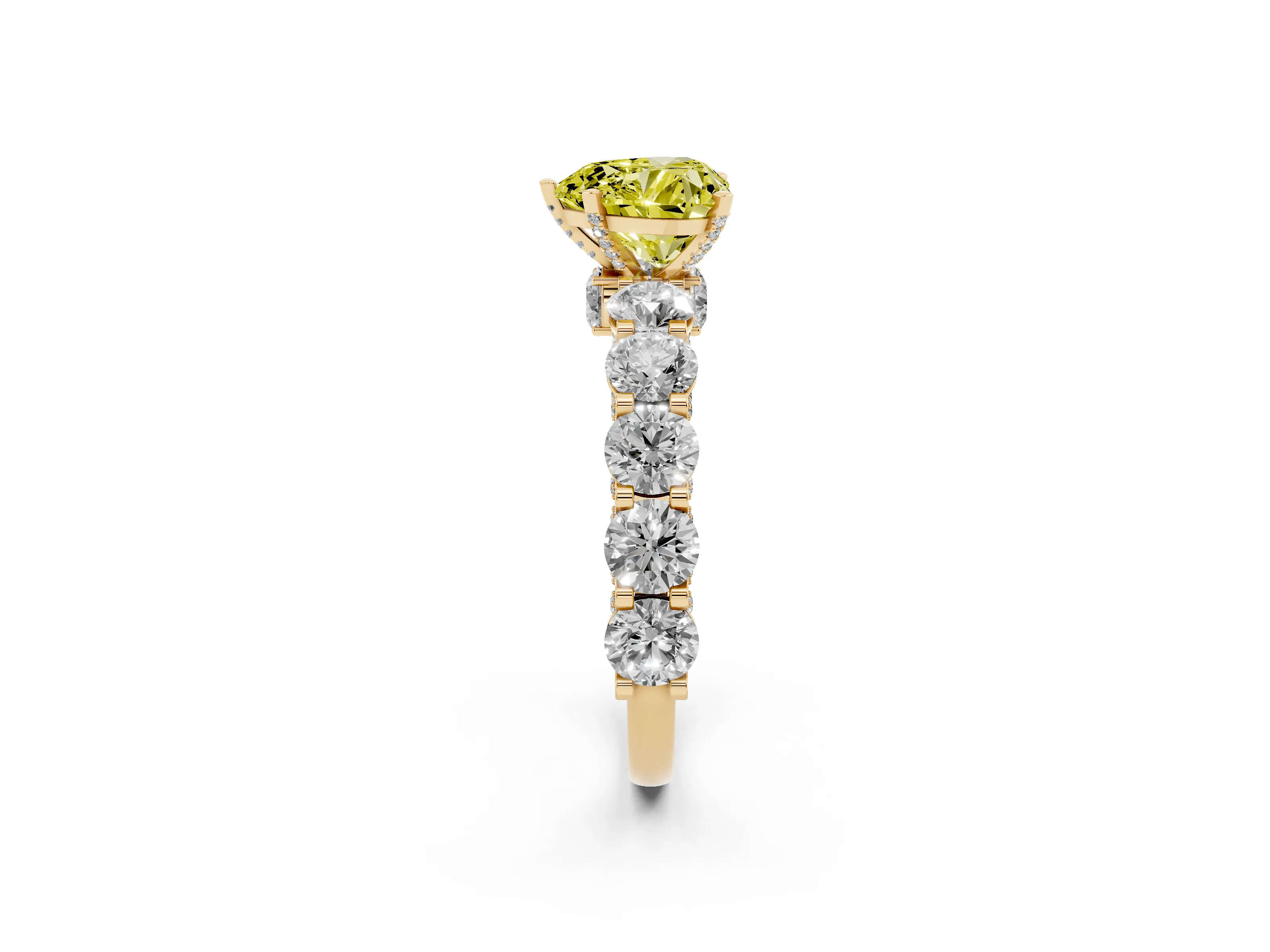 Fancy Yellow Heart Cut Diamond Side Stone Ring Set in Yellow gold with Alternating Round and Oval Side Stones