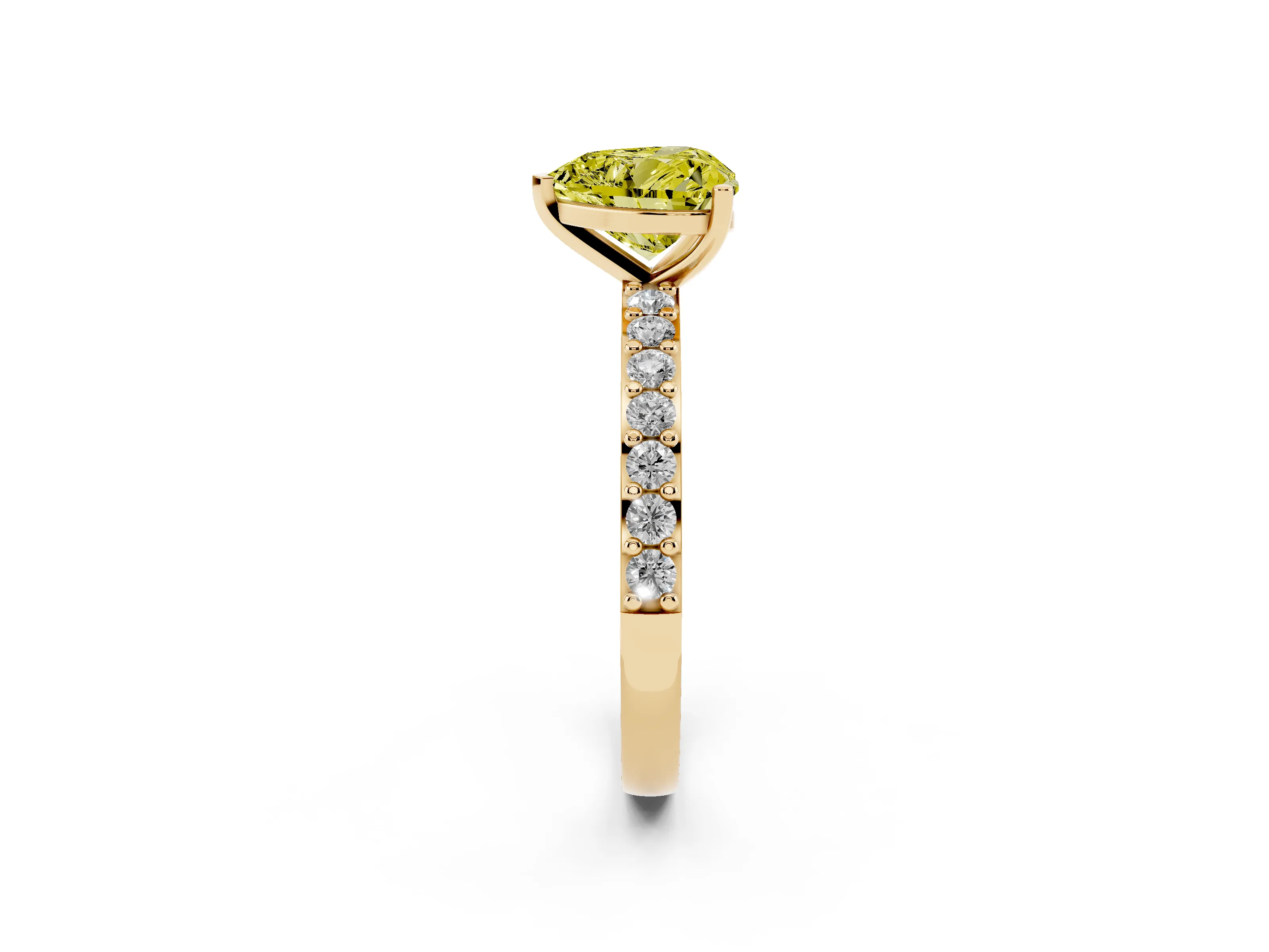 Fancy Yellow Heart Cut Diamond Solitaire Set in Yellow gold with Round Pavé Band and Prong Setting