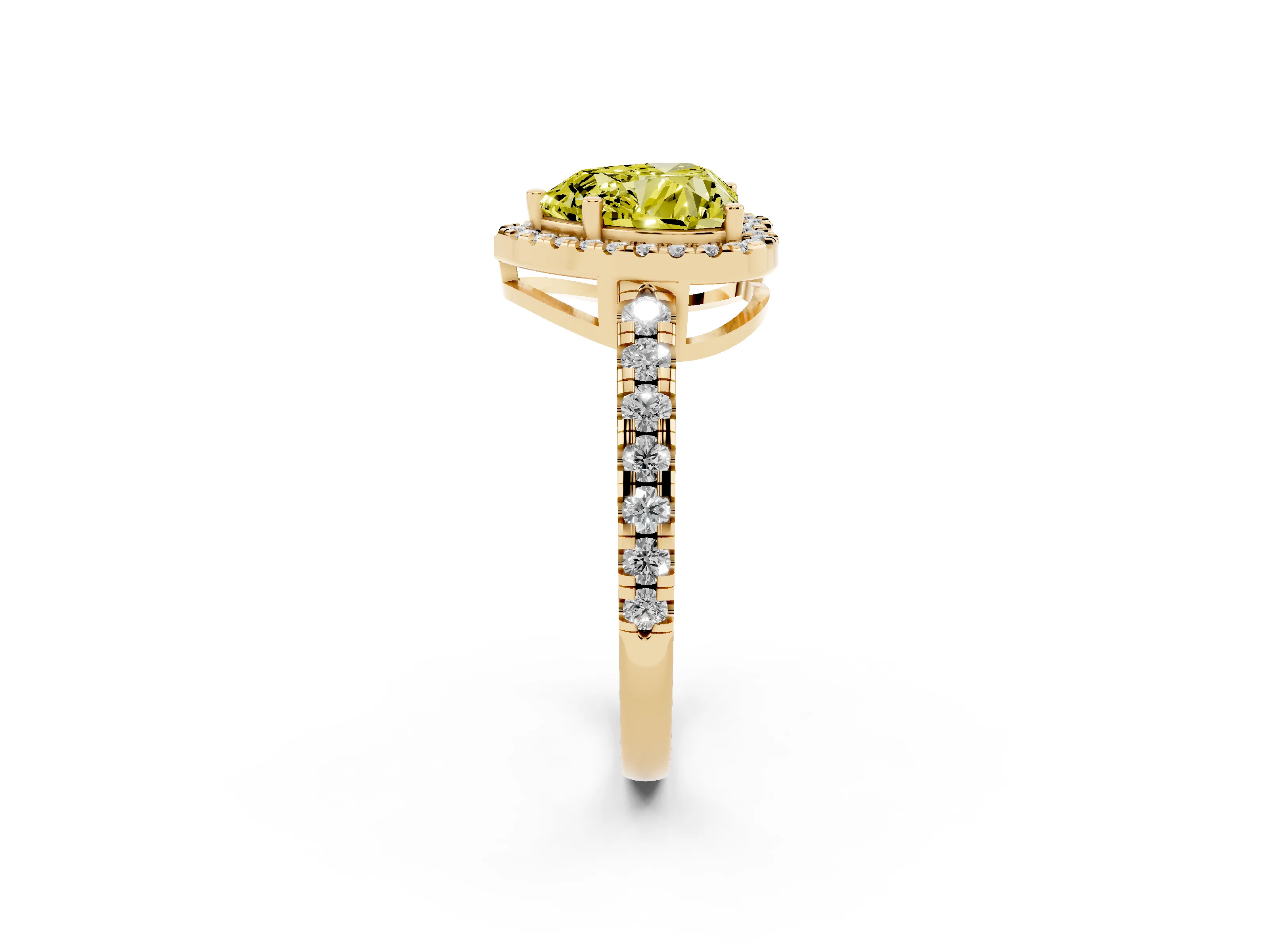 Fancy Yellow Heart Cut Diamond Halo Ring Set in Yellow gold with Delicate Pavé Band and Prong Setting