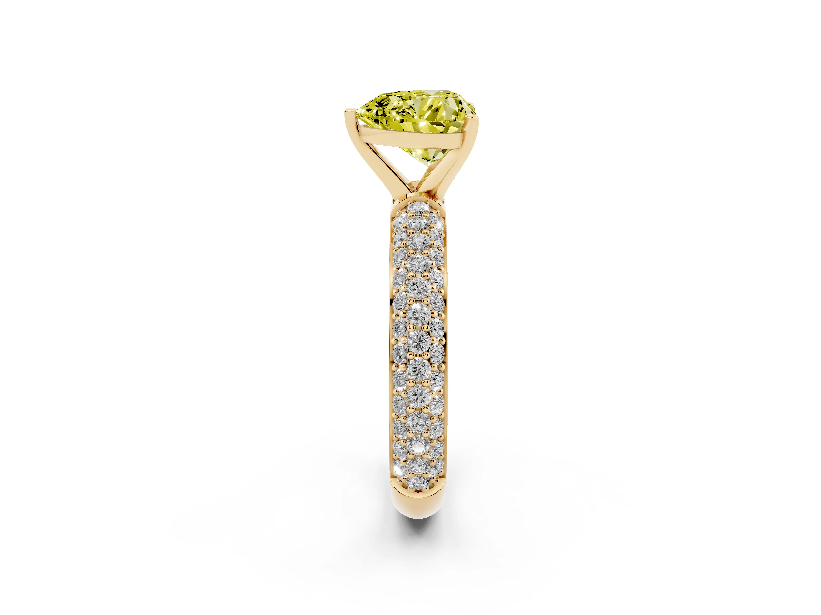 Fancy Yellow Heart Cut Diamond Solitaire Ring Set in Yellow gold with Prong Setting and Pavé-Set Band