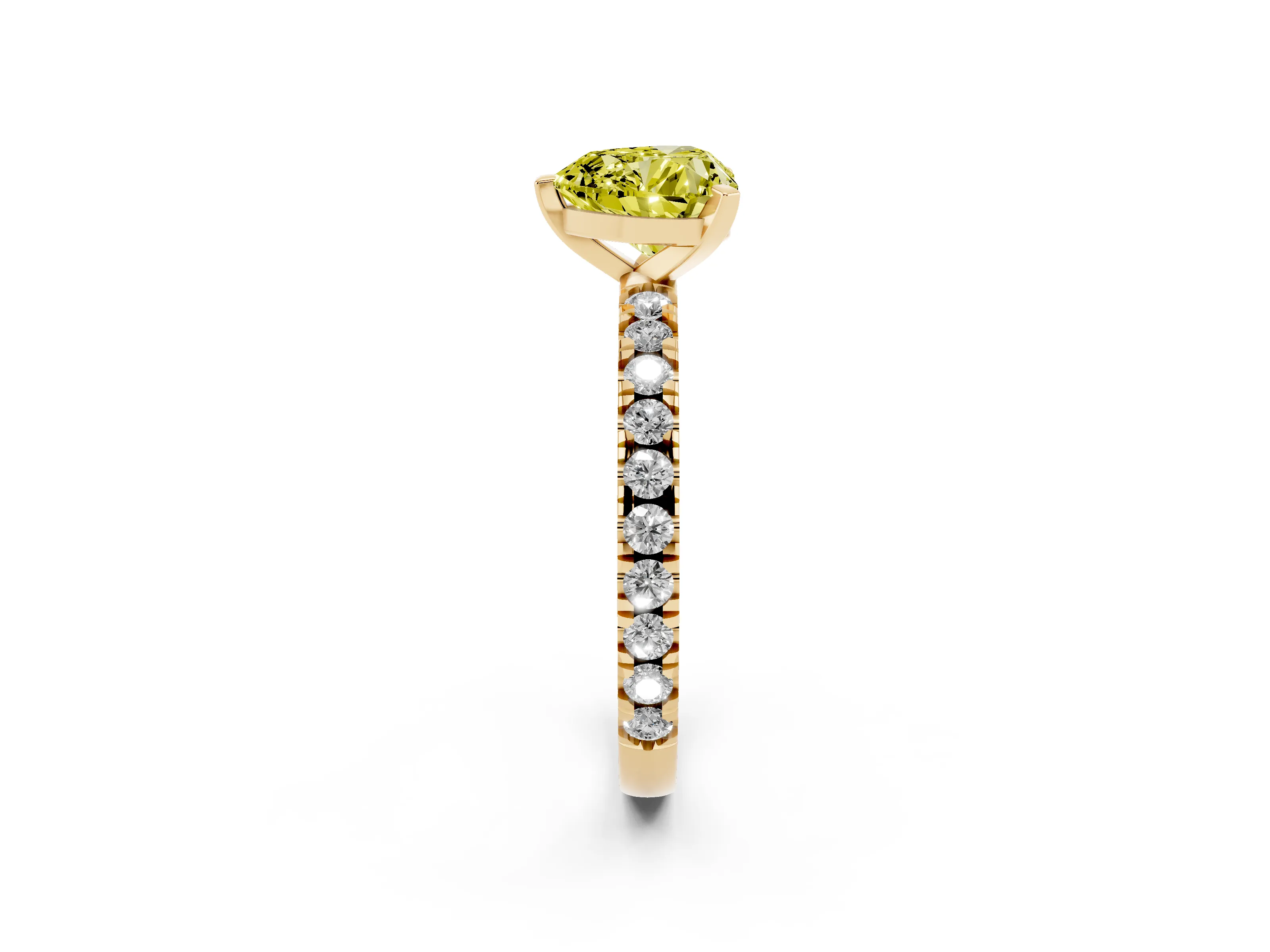 Fancy Yellow Heart Cut Diamond Pavé Band Solitaire Set in Yellow gold with Prong Setting