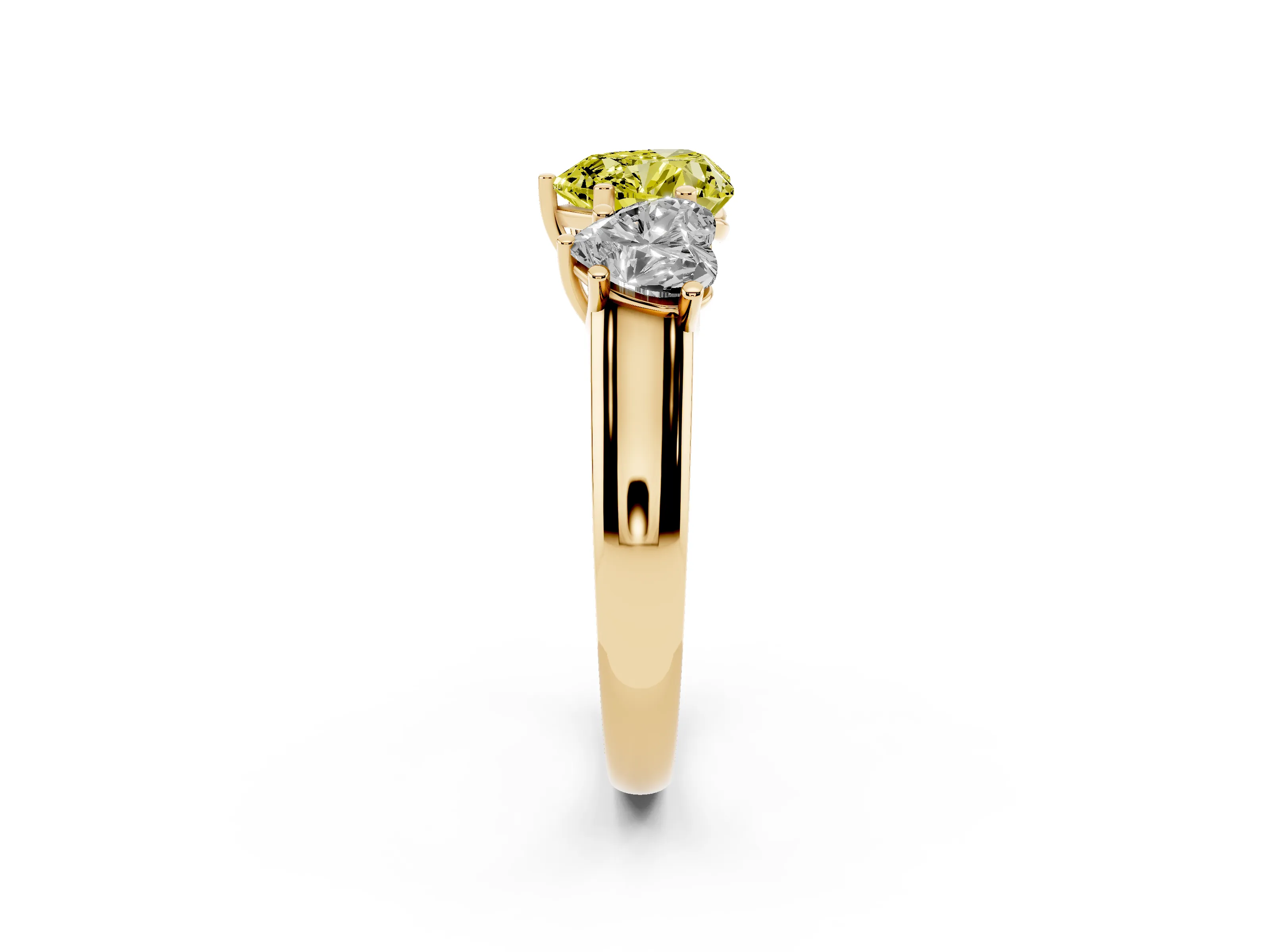 Fancy Yellow Heart Cut Diamond Three-Stone Ring Set in Yellow gold with Plain Polished Band