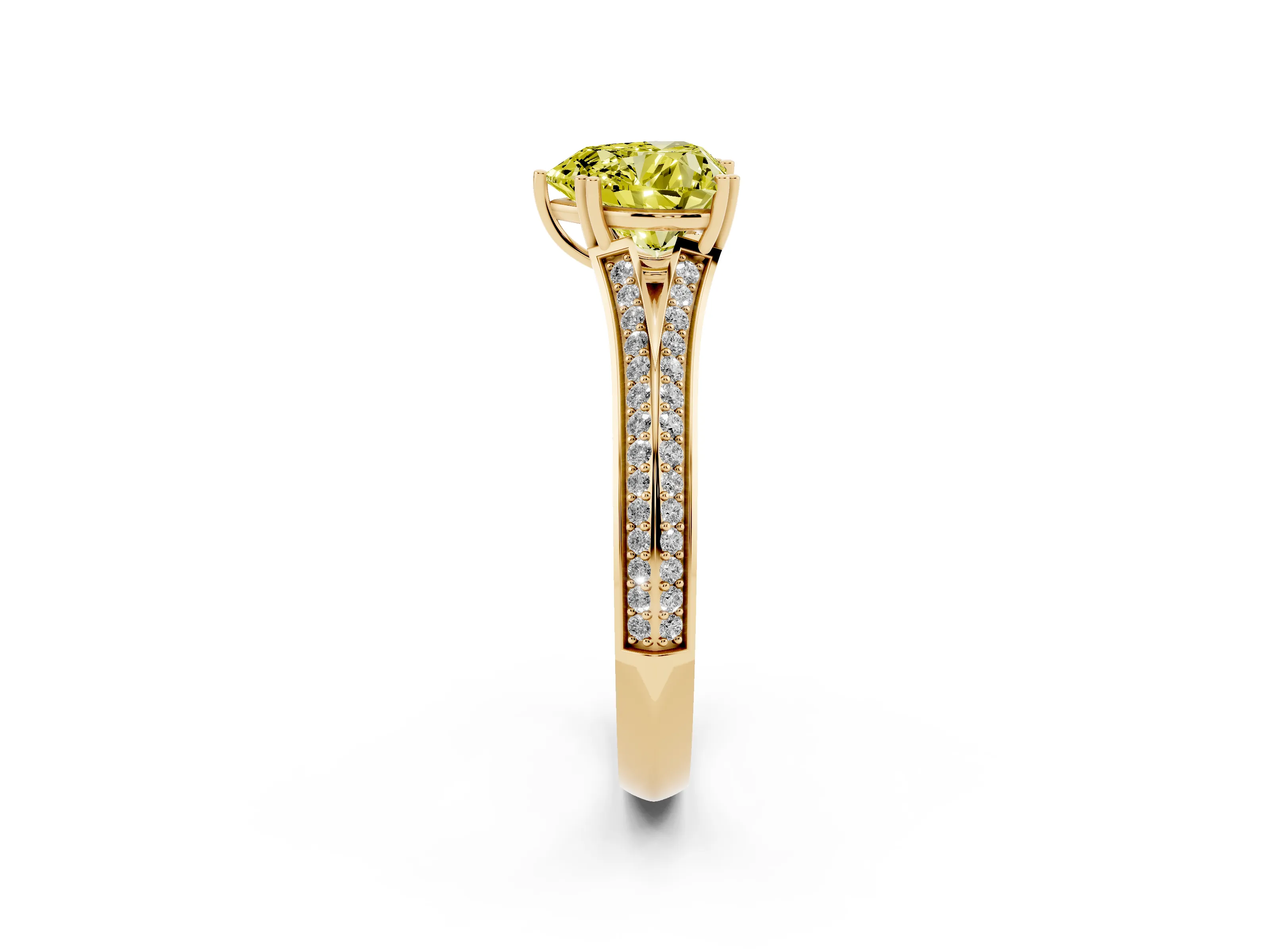 Fancy Yellow Heart Cut Diamond Split Shank Pavé Engagement Ring Set in Yellow gold with Prong-Set Center Stone
