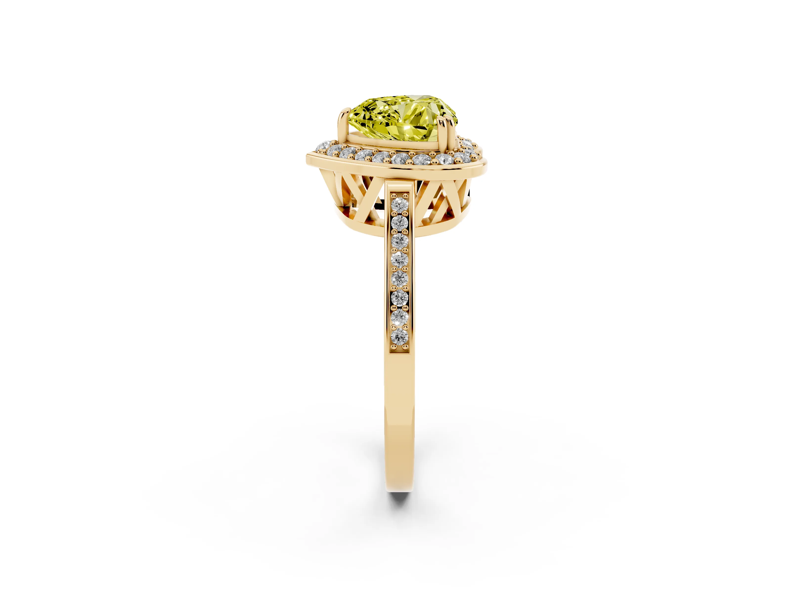 Fancy Yellow Heart Cut Diamond Halo Ring Set in Yellow gold with Accent-Lined Split Shank and Prong Setting