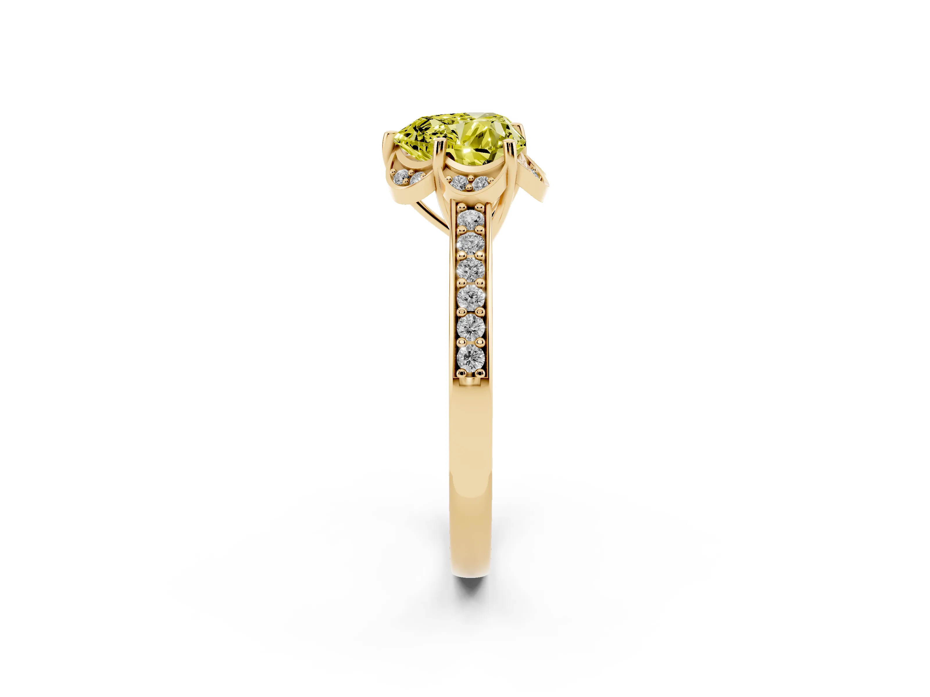 Fancy Yellow Heart Cut Diamond Halo Ring Set in Yellow gold with Channel Set Band and Prong Setting