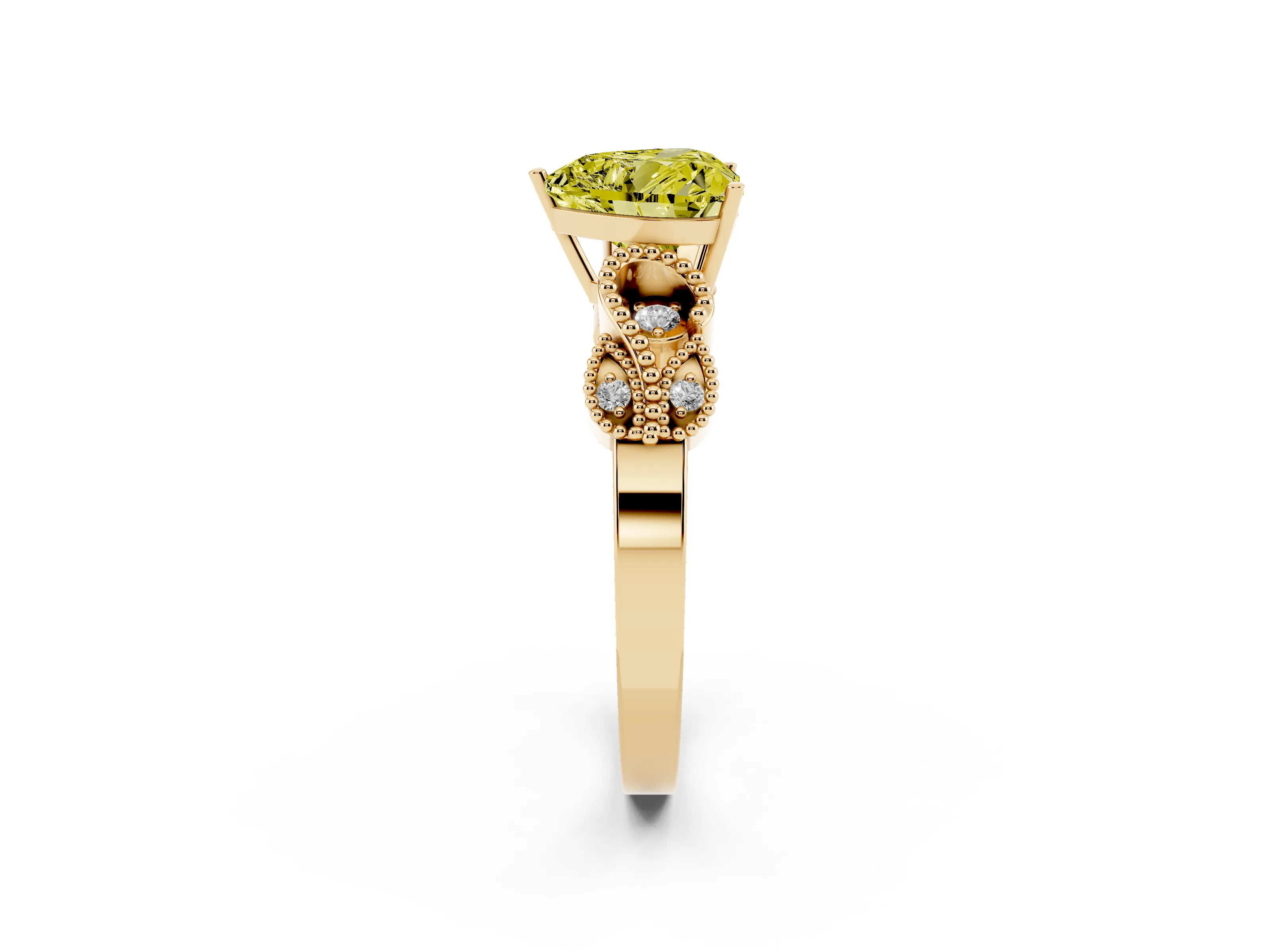 Fancy Yellow Heart Cut Diamond Milgrain Leaf Band Solitaire Ring Set in Yellow gold with Accent Stones and Prong Setting