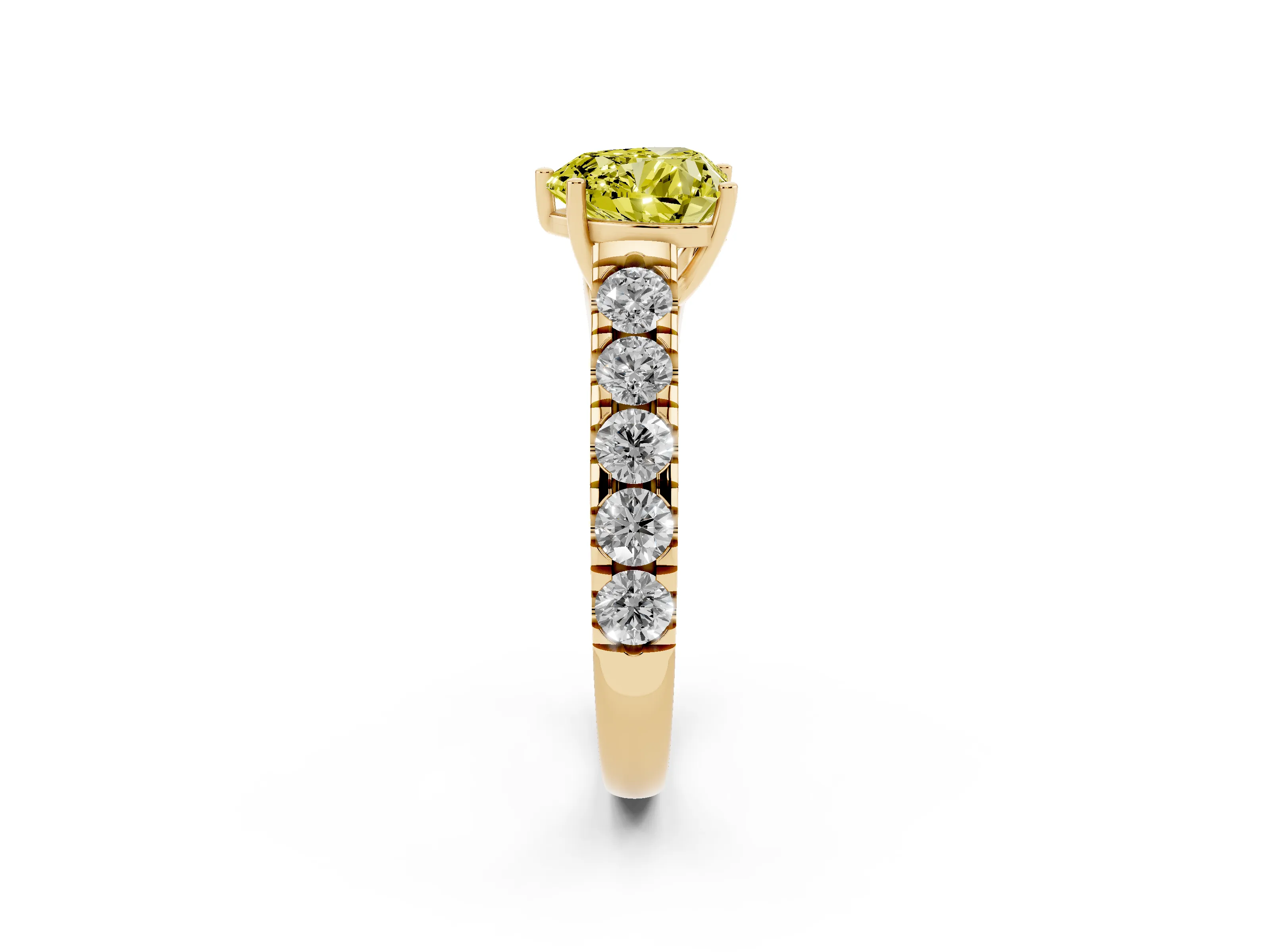 Fancy Yellow Heart Cut Diamond Solitaire Ring Set in Yellow gold with Cut-Down Micro Pavé Band and Prong Setting
