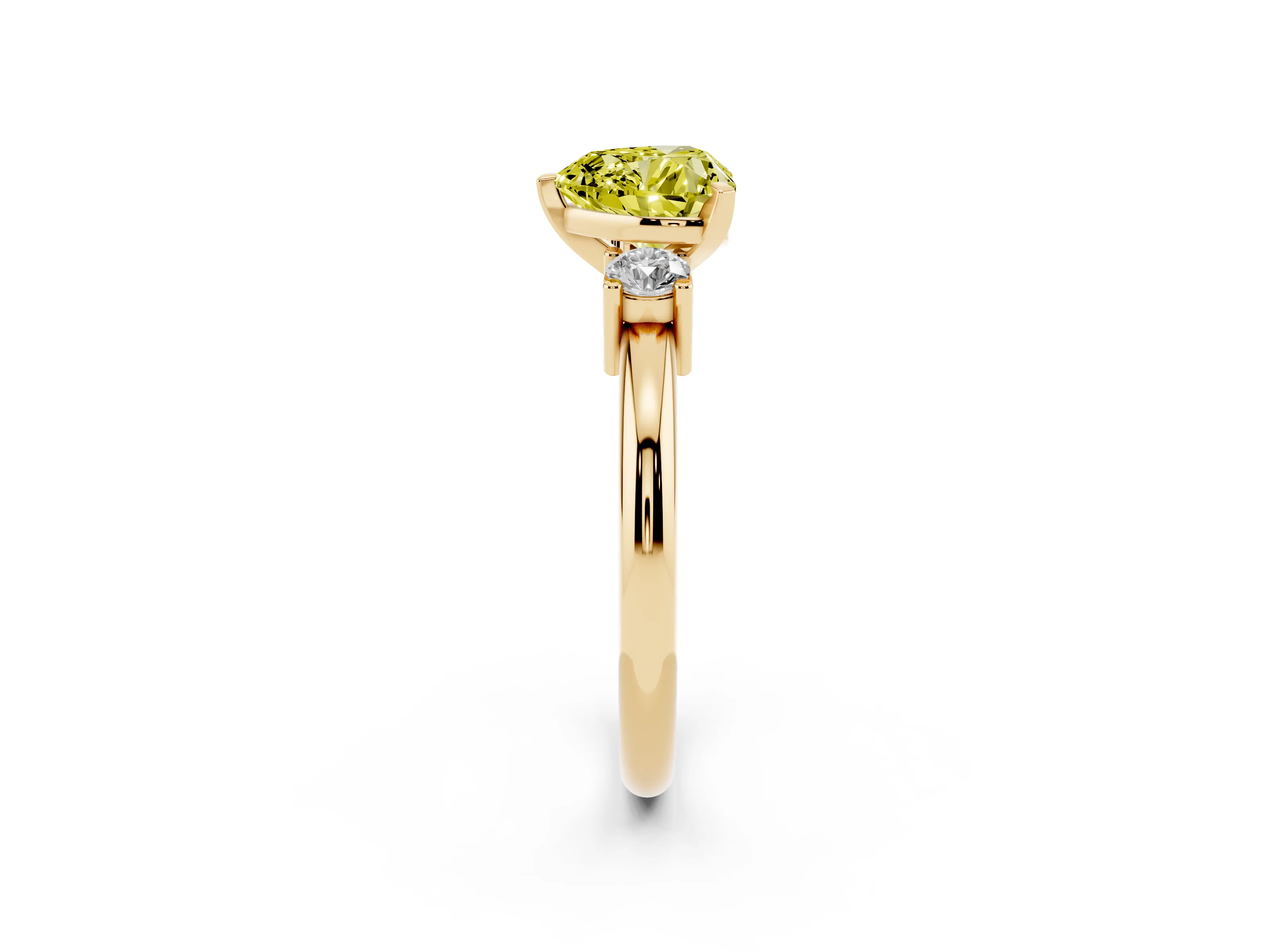 Fancy Yellow Three-Stone Heart Cut Diamond Ring Set in Yellow gold with Prong Setting and Plain Band