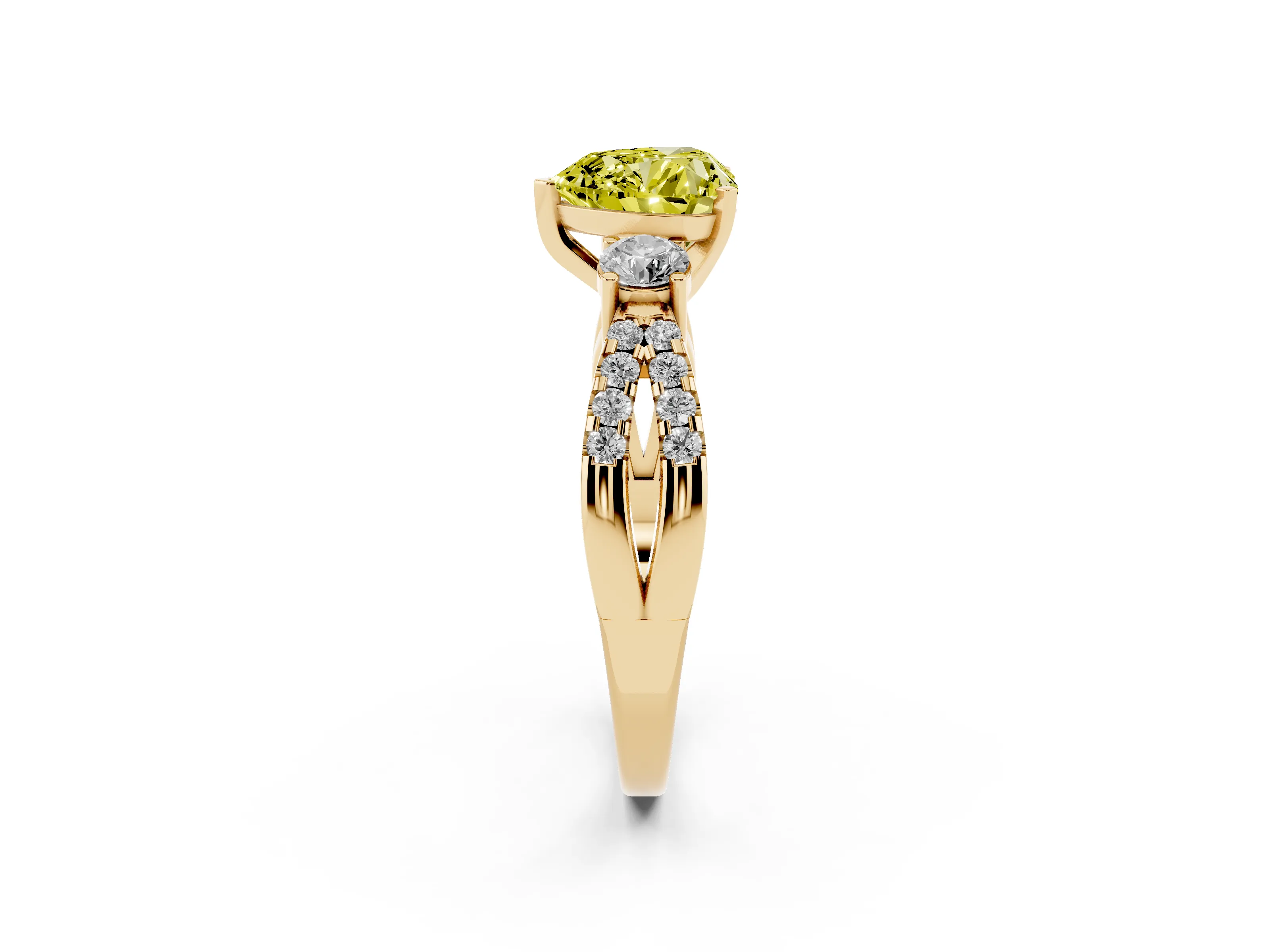 Fancy Yellow Heart Cut Diamond Three-Stone Ring Set in Yellow gold with Pavé Split Shank and Prong Setting