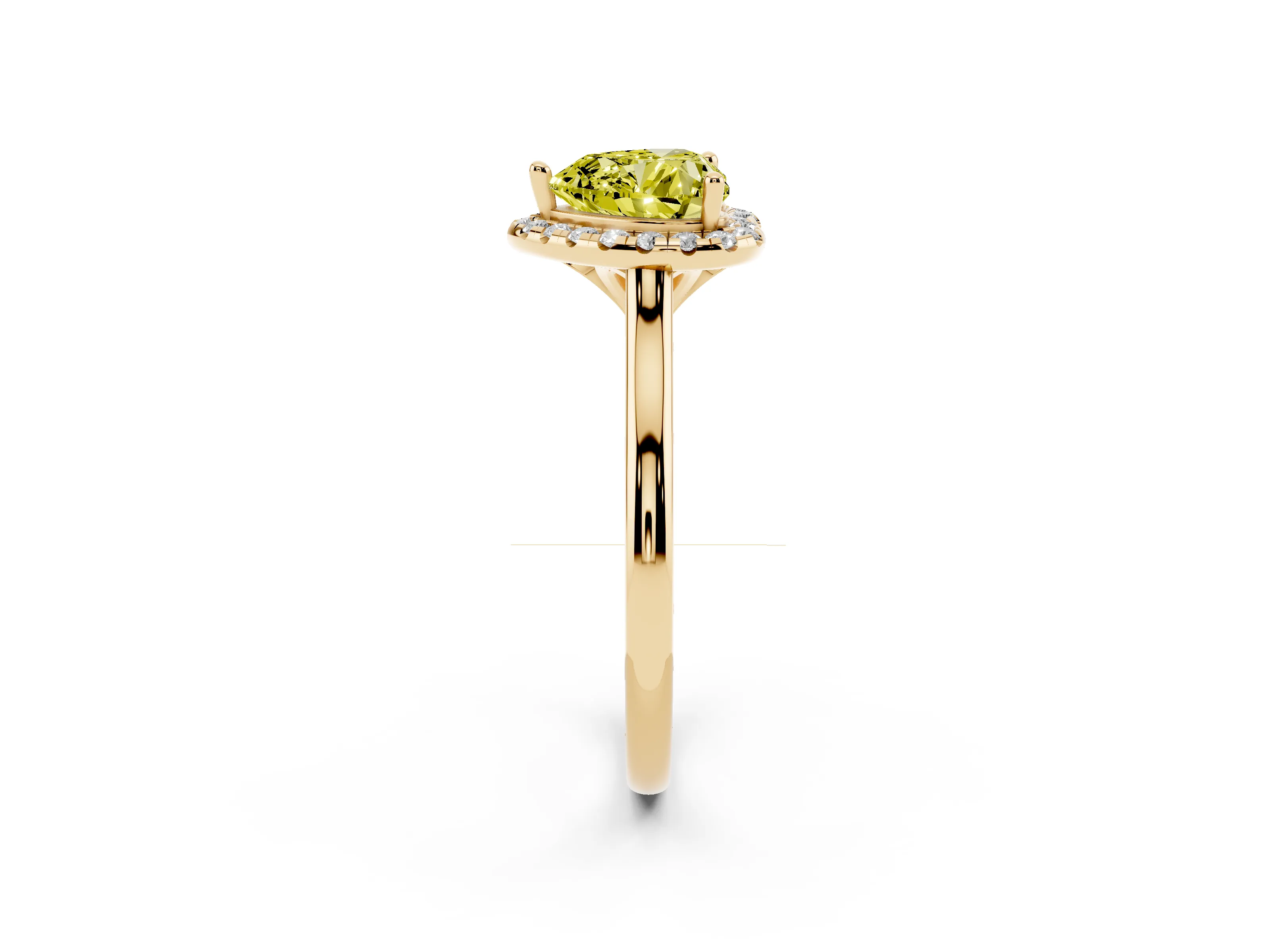 Fancy Yellow Heart Cut Diamond Halo Engagement Ring Set in Yellow gold with Pavé Band and Rising Shoulders