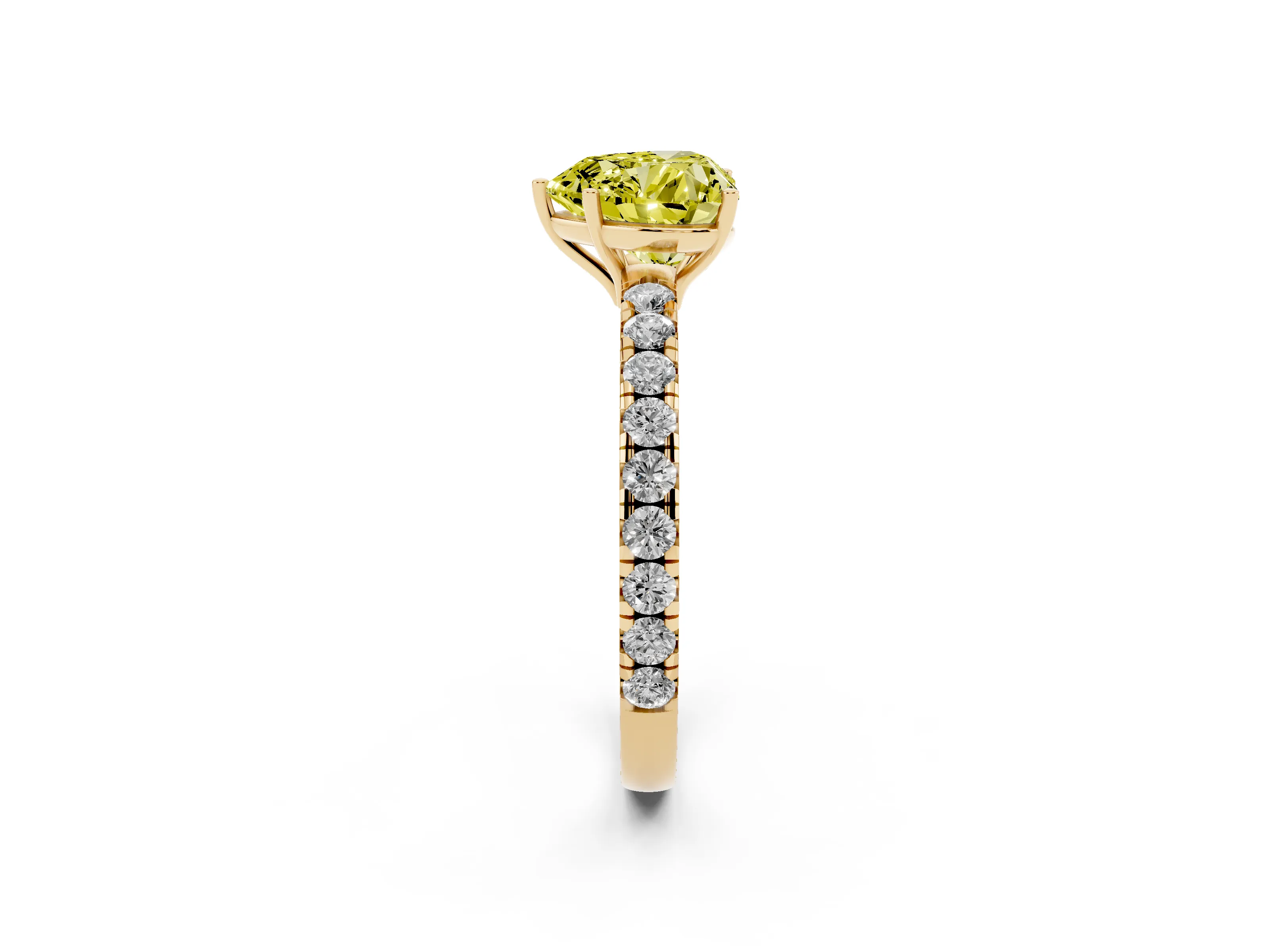 Fancy Yellow Heart Cut Diamond Pavé Solitaire Engagement Ring Set in Yellow gold with Prong Setting
