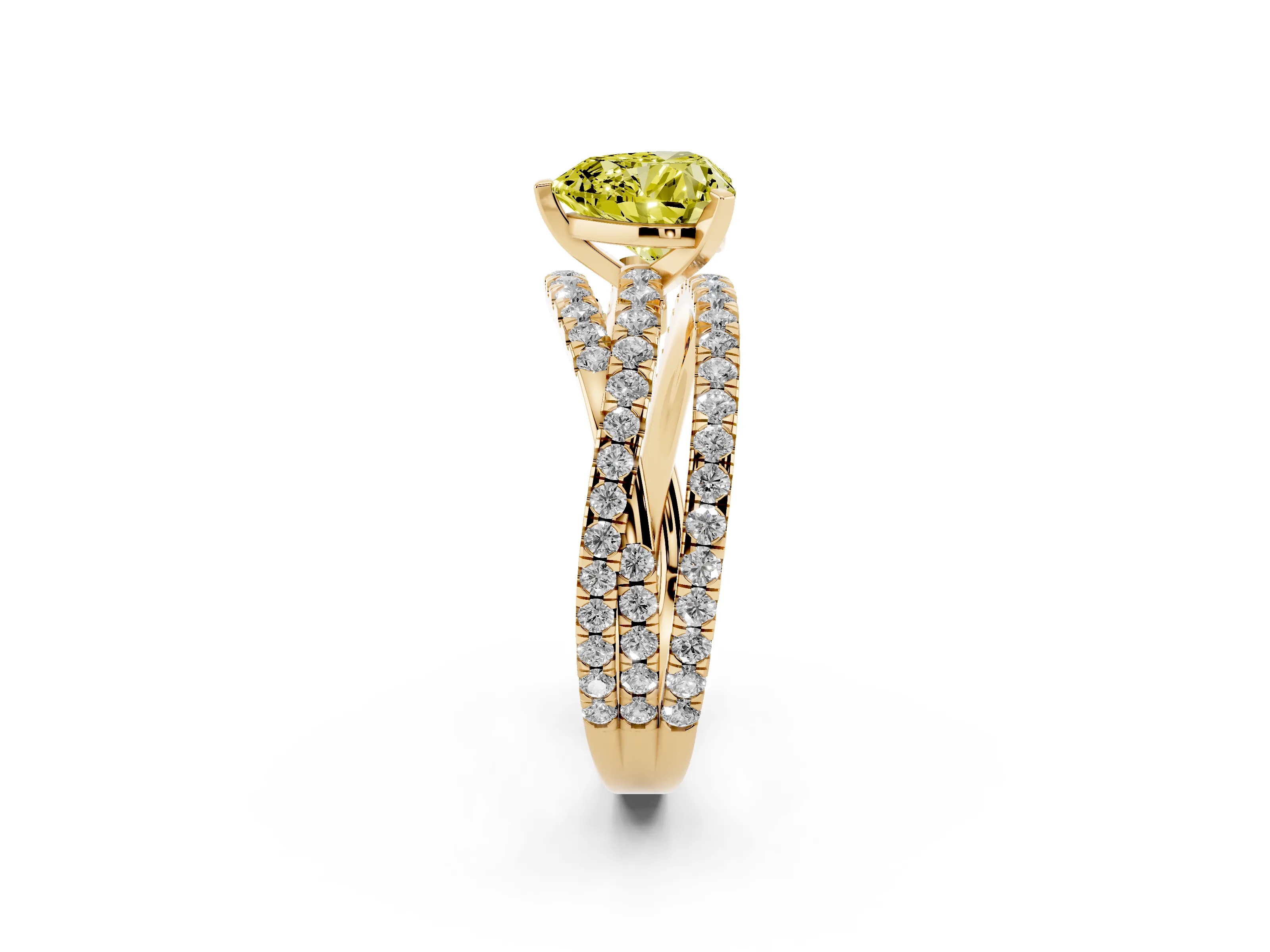 Fancy Yellow Heart Cut Diamond Solitaire Twist Band Ring Set in Yellow gold with Pavé Setting and Prong Head