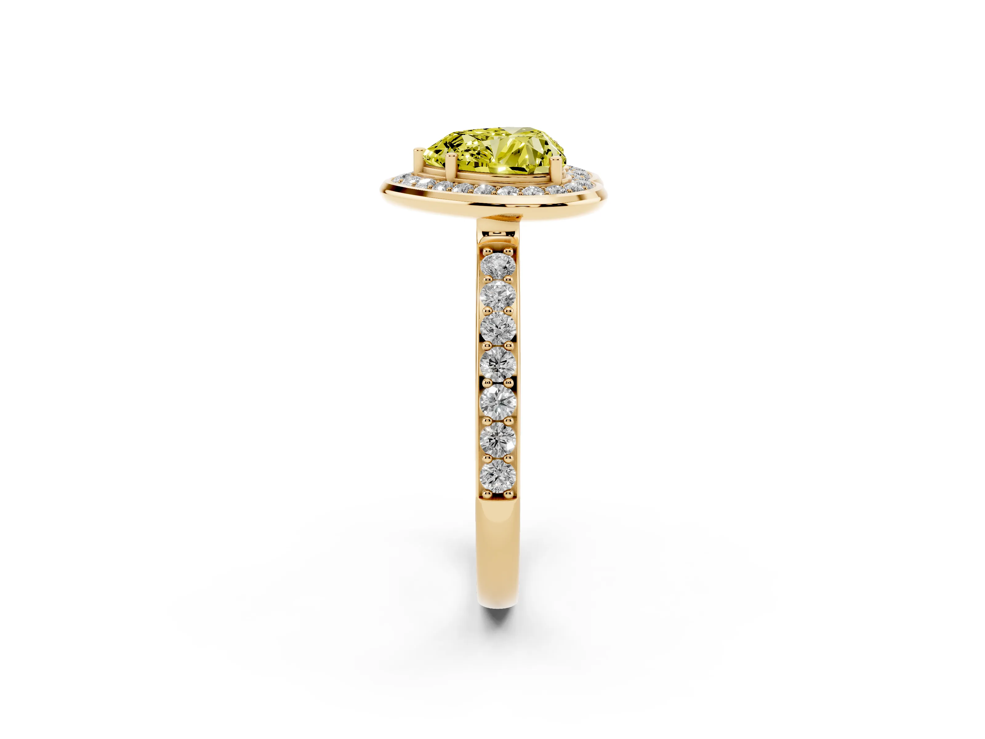 Fancy Yellow Heart Cut Diamond Halo Ring Set in Yellow gold with Bezel Frame and Pavé Band