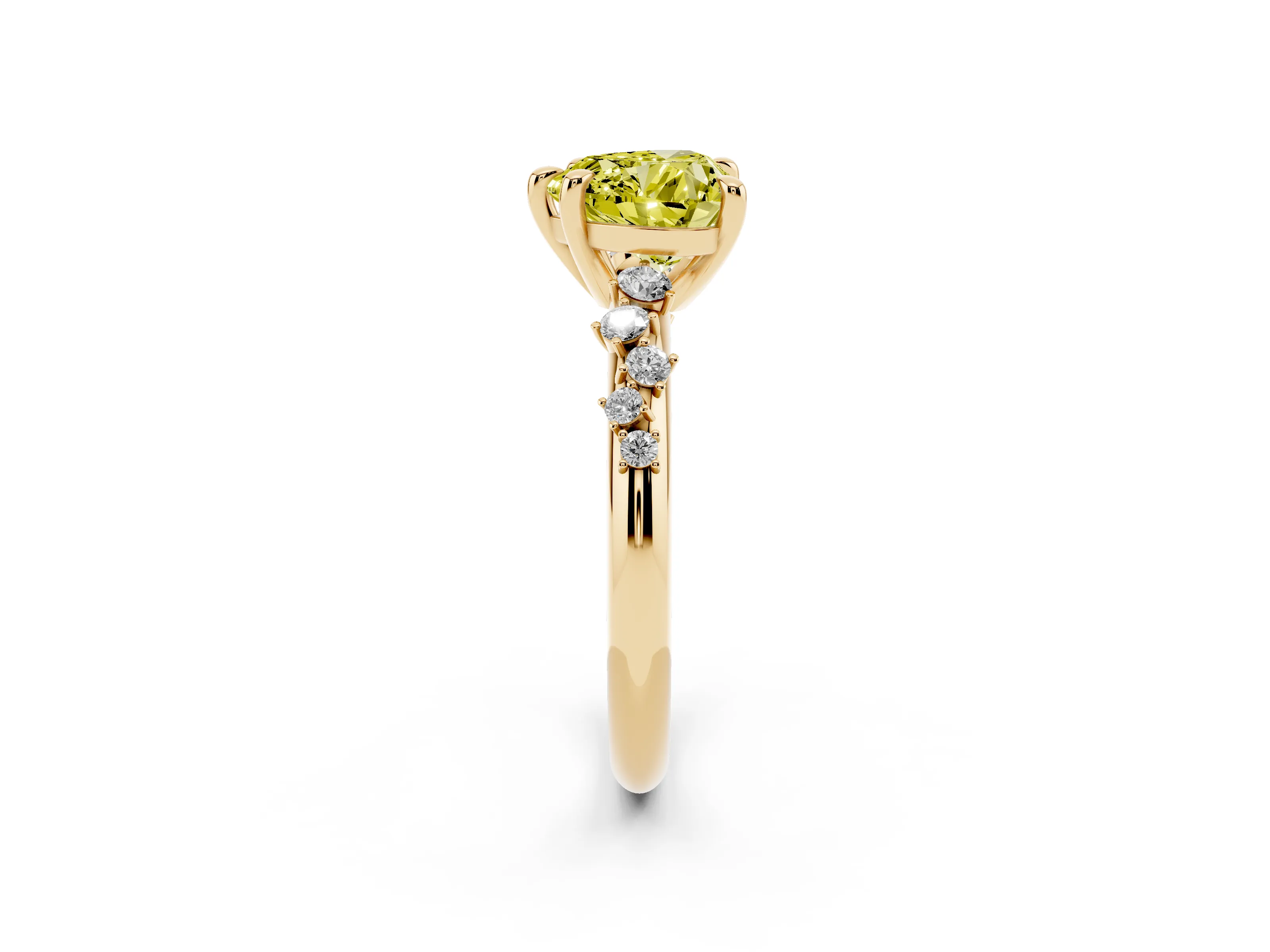 Fancy Yellow Heart Cut Diamond Solitaire Vine Band Ring Set in Yellow gold with Round Accents and Prong Setting