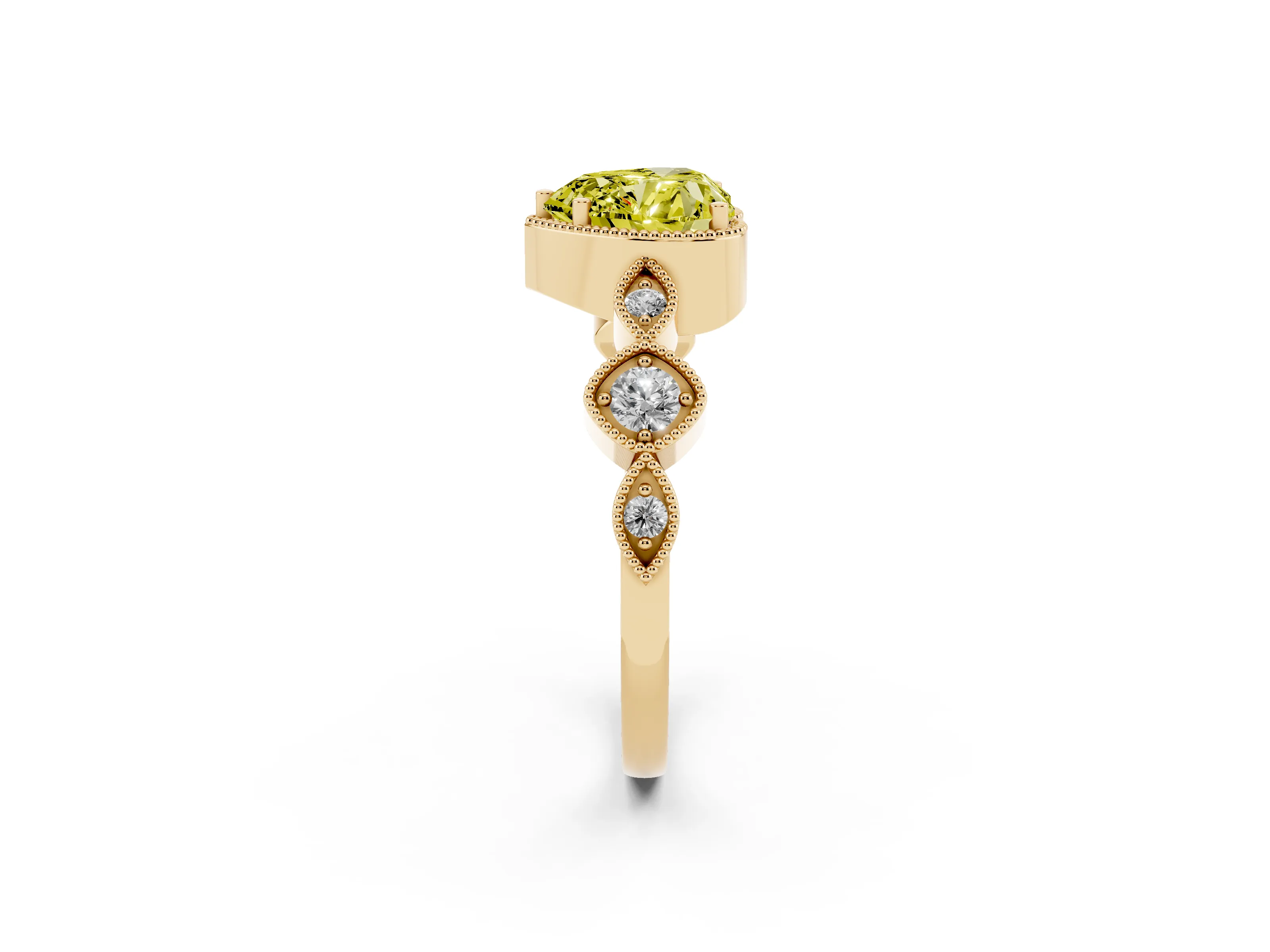 Fancy Yellow Heart Cut Diamond Vintage-Inspired Milgrain Ring Set in Yellow gold with Marquise Stations of Round Accents
