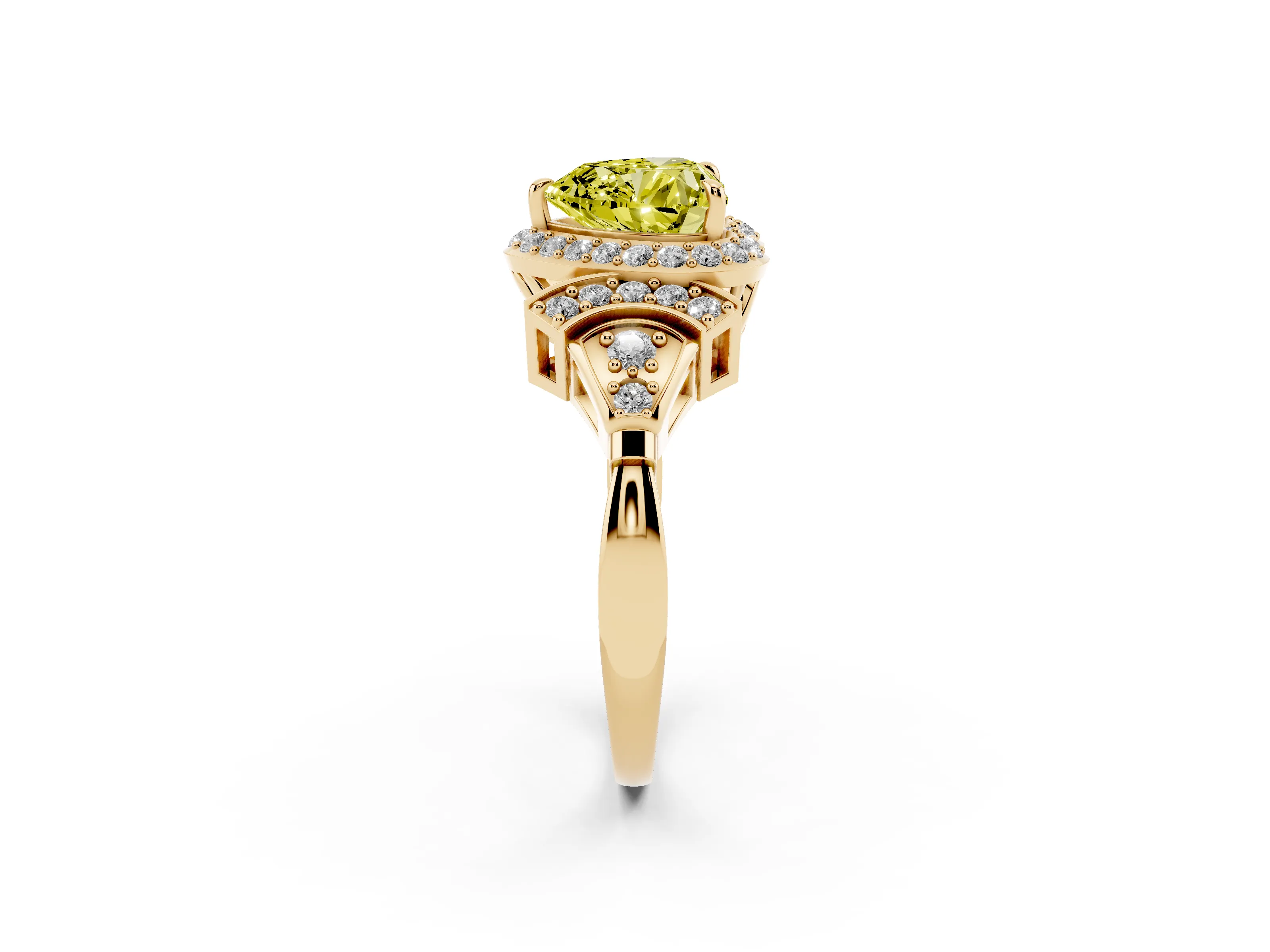 Fancy Yellow Heart Cut Diamond Halo Engagement Ring Set in Yellow gold with Accent Stone Split Shank