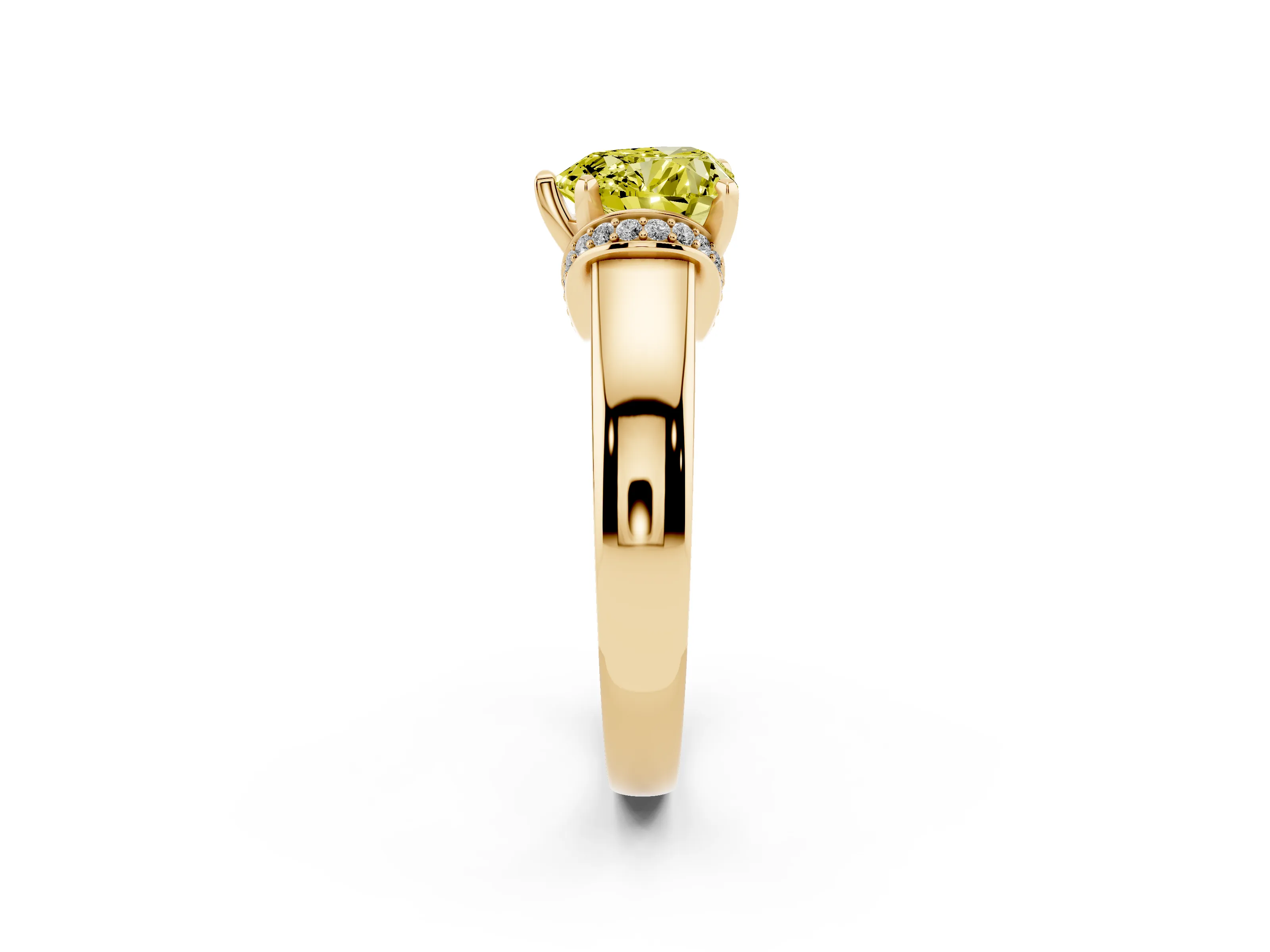 Fancy Yellow Heart Cut Diamond Pavé Band Solitaire Ring Set in Yellow gold with Prong Setting