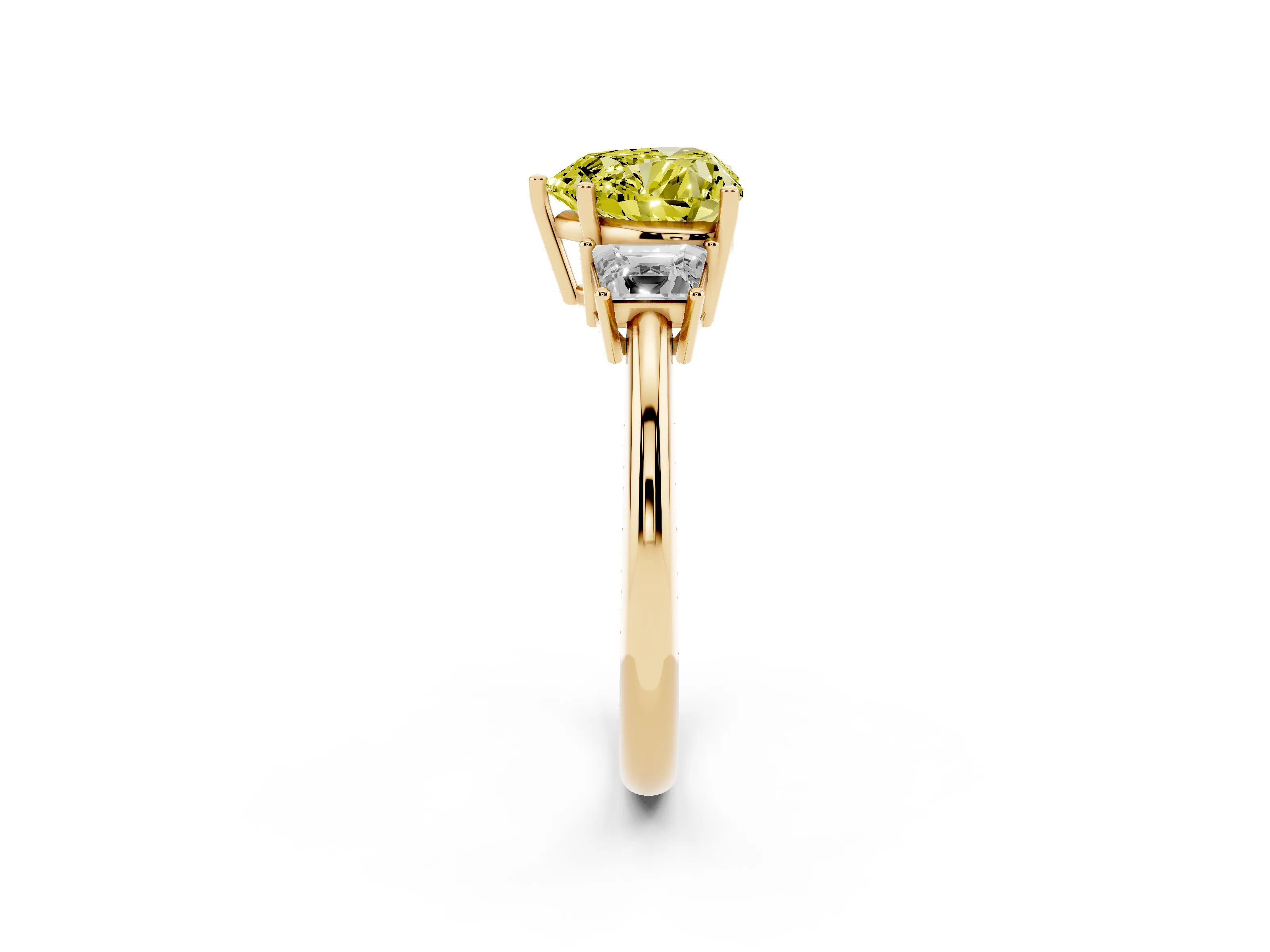 Fancy Yellow Heart Cut Diamond Three-Stone Ring Set in Yellow gold with Trapezoid Side Stones and Prong Setting