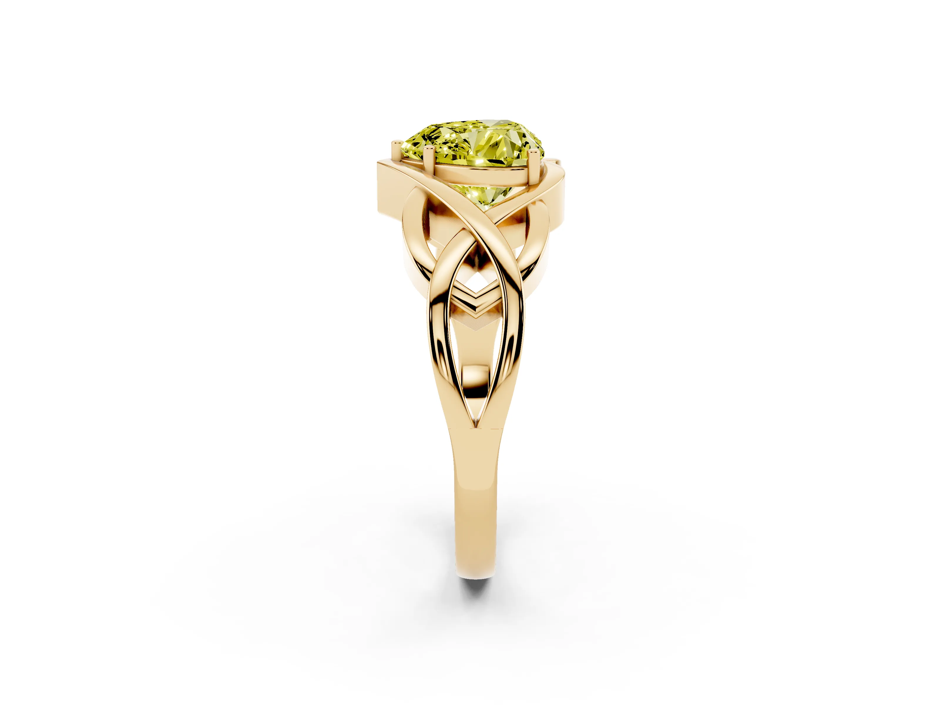 Fancy Yellow Heart Cut Diamond Solitaire Ring Set in Yellow gold with Intertwined Band