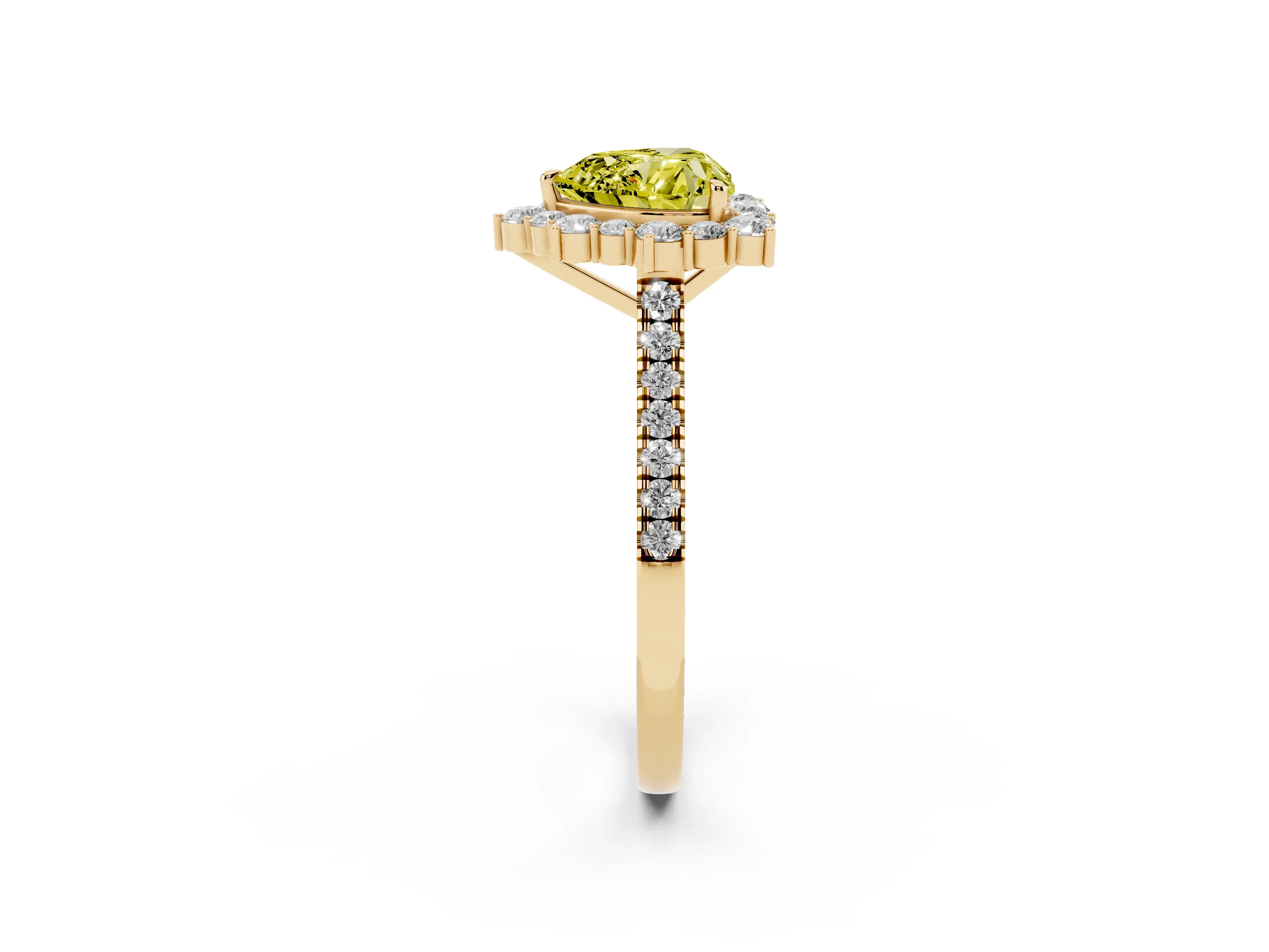 Fancy Yellow Heart Cut Diamond Halo Ring Set in Yellow gold with Pavé Band and Prong Setting