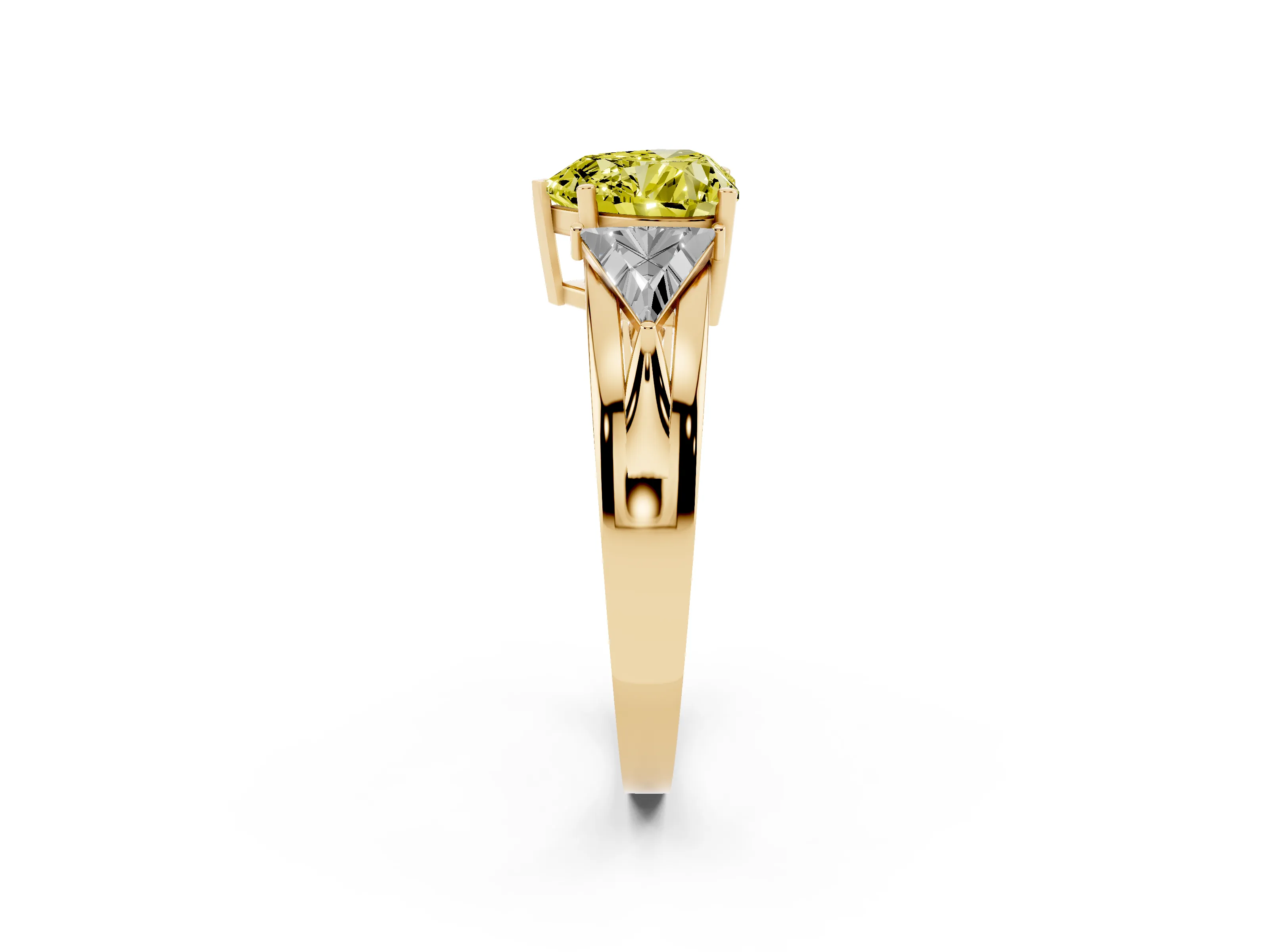 Fancy Yellow Heart Cut Diamond Three-Stone Ring Set in Yellow gold with Trillion Side Stones and Split Shank